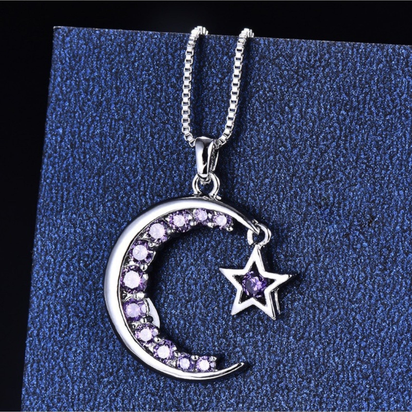 Amethyst Star Crescent Moon Women 925 Sterling Silver Pendant 18″ Necklace A 94