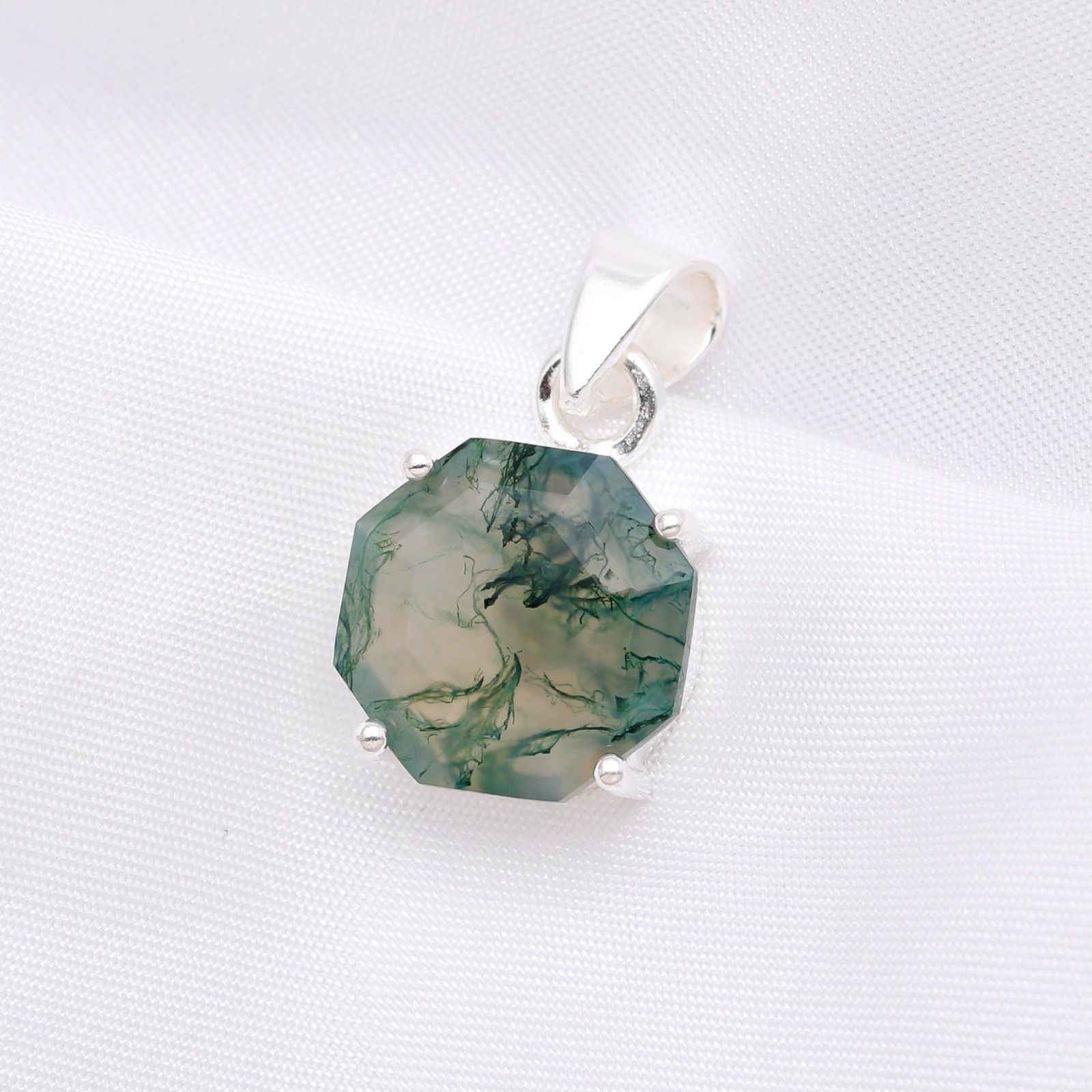 Natural Moss Agate Octagon Pendant 925 Sterling Silver Jewelry Gift For Birthday