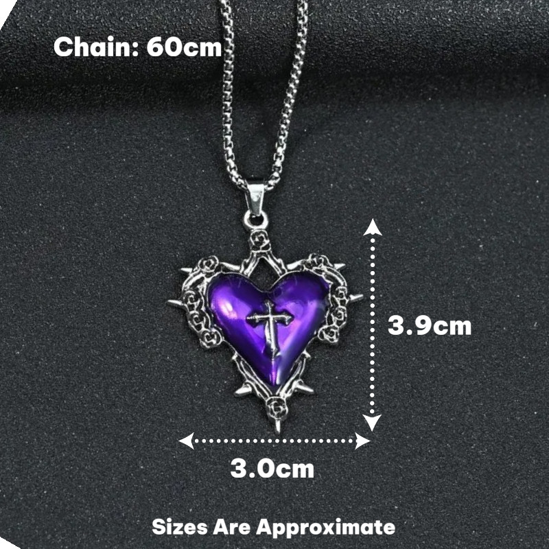 Men’s Gothic Style Cross Purple Heart Pendant Necklace Hip Hop Punk