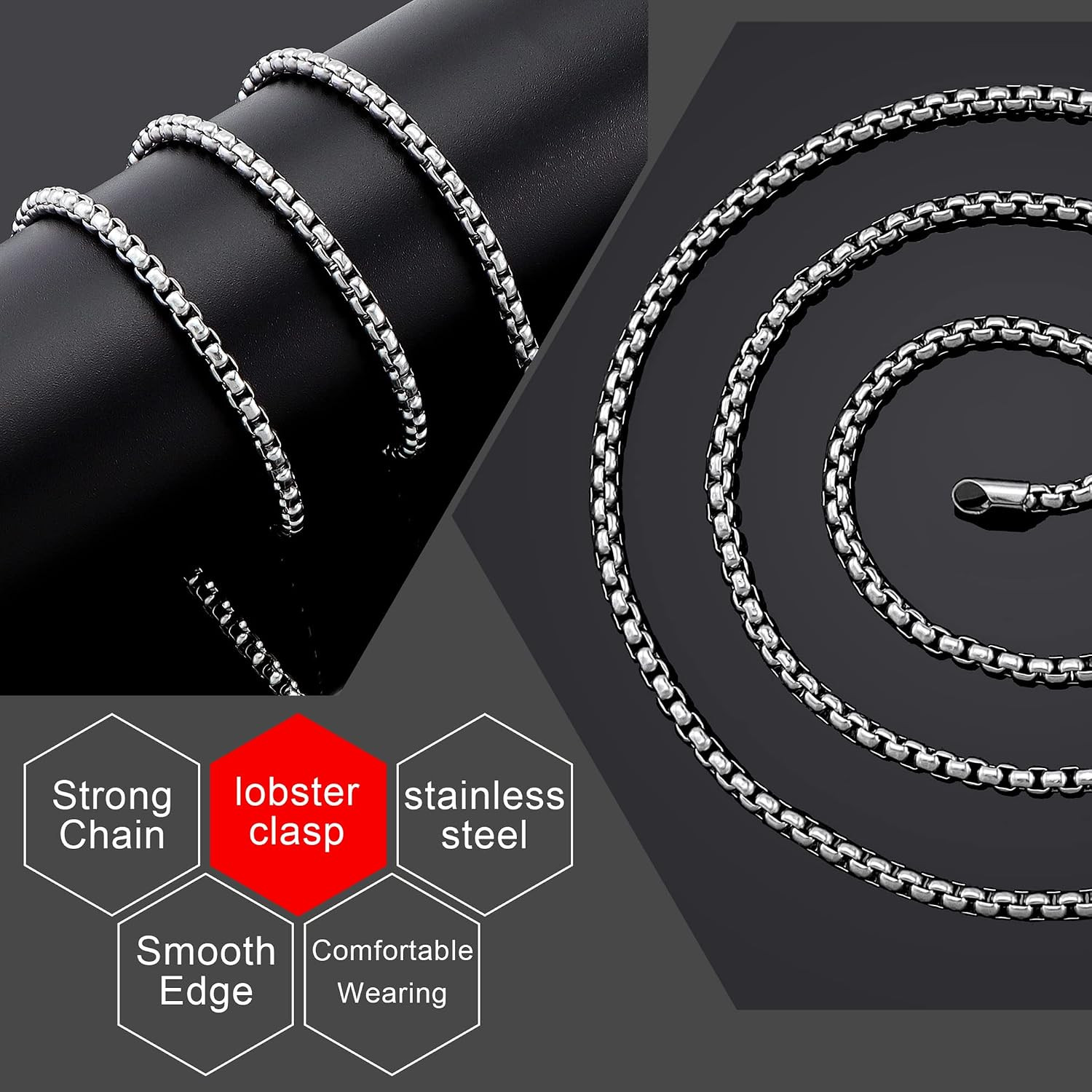 Square Rolo Chain Necklace Stainless Steel Round Box Necklace for Men Women/2mm-