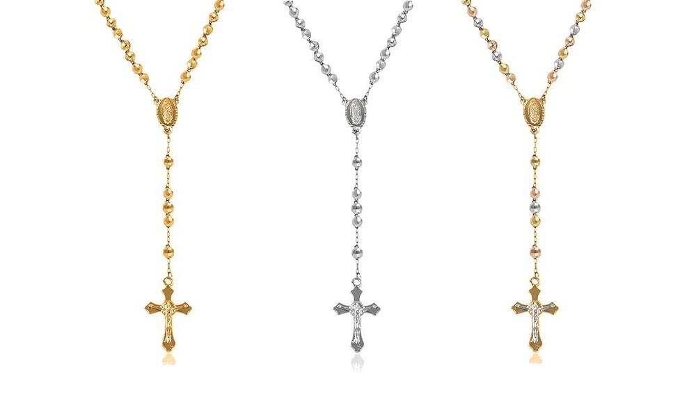 18K Gold Plated 24 Inch Beaded Rosary Jesus Cross Necklace – Multiple Options