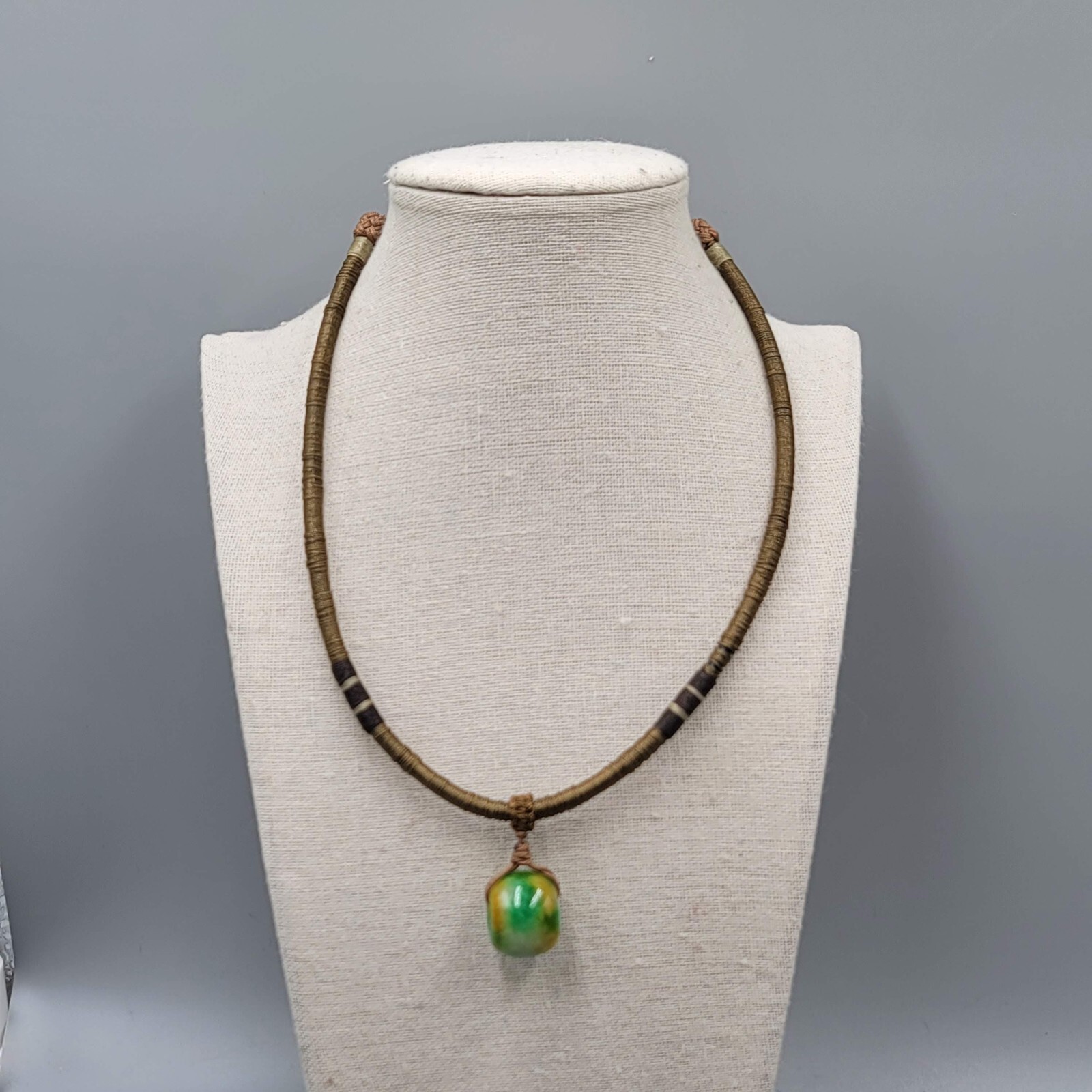 Artisan Green Yellow Stone Bead Pendant Boho Necklace Adjustable Thread Wrapped