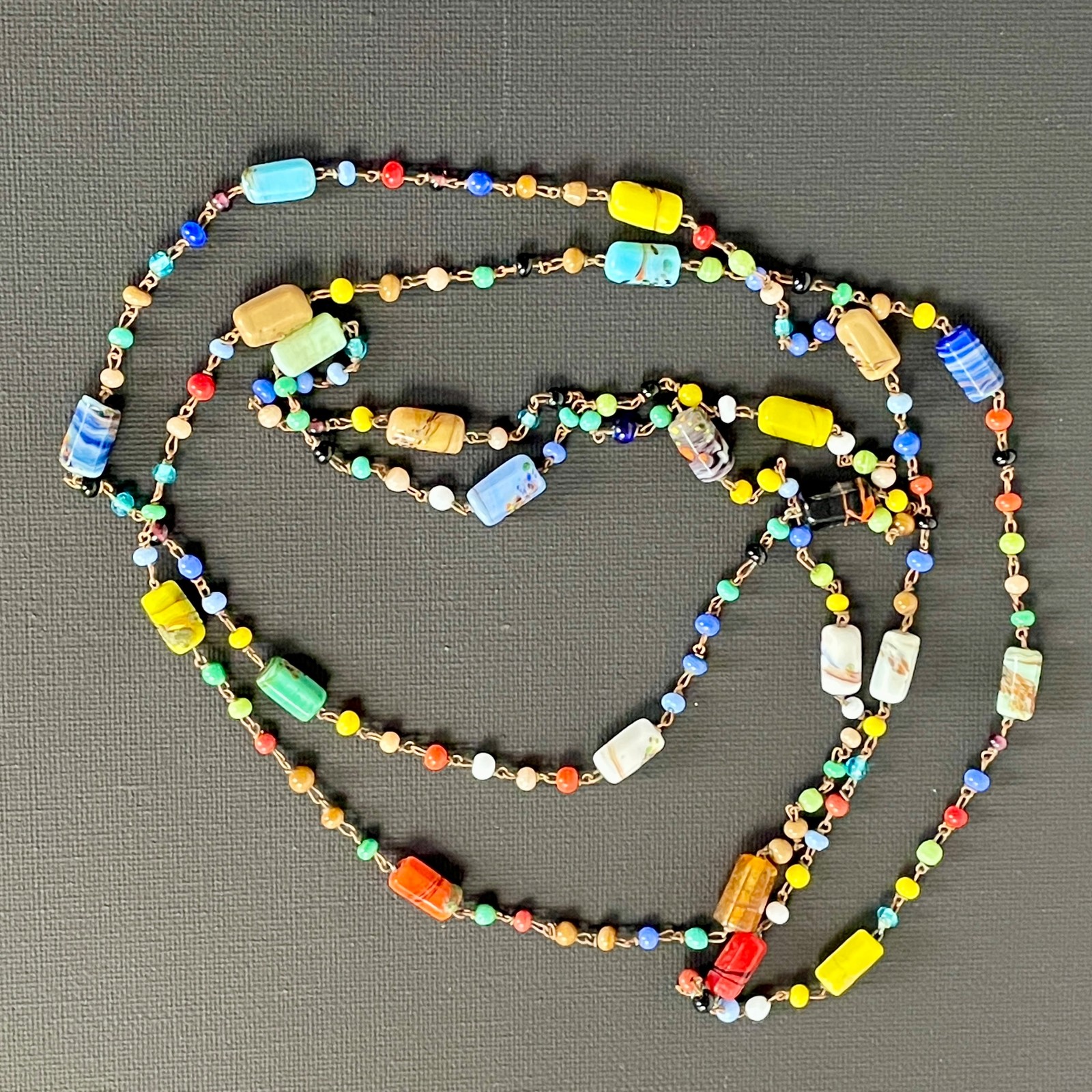 56″ Small Multicolor Slag Glass Beads on Brass Gold Metal Chain Links Necklace
