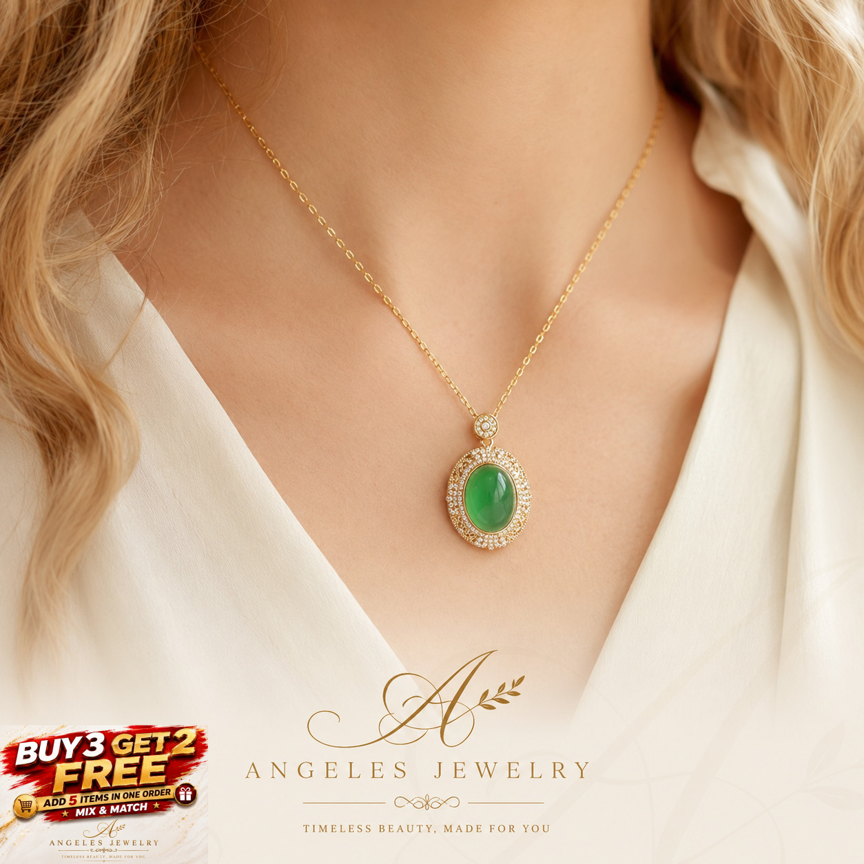 Green Jade Crystal Pendant Necklace Charm 18K Gold Plated Chain Dainty Gemstone