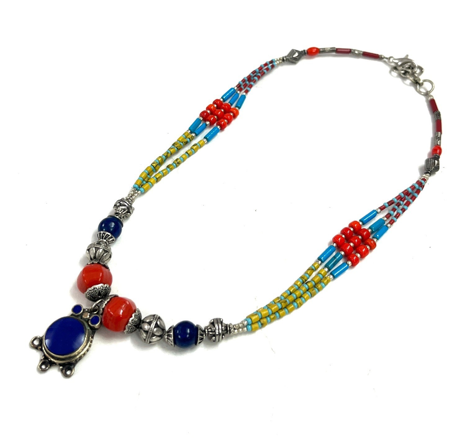 Antique Lapis Coral Gemstone Tibetan Traditional Necklace Jewelry, 16 Inc Adjs