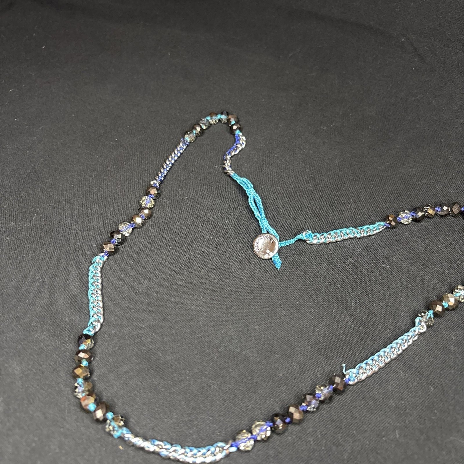 Beaded Woven Necklace with Blue Cord and Silver Chain Accent