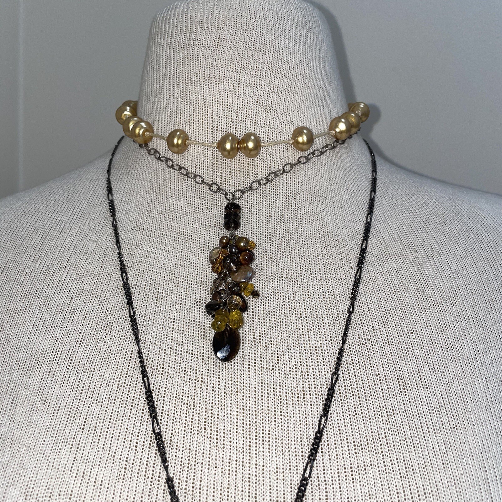 Set Of 3 Bohemian Western Gold/Brown Natural Stacked Necklaces