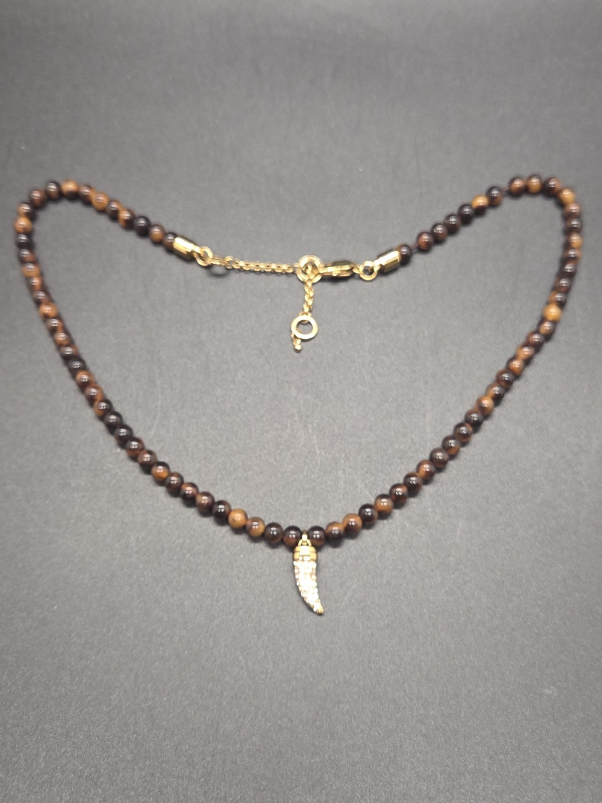 BaubleBar Tiger’s Eye Beaded Necklace Gold Tone Pavé Horn Crescent Pendant 18″