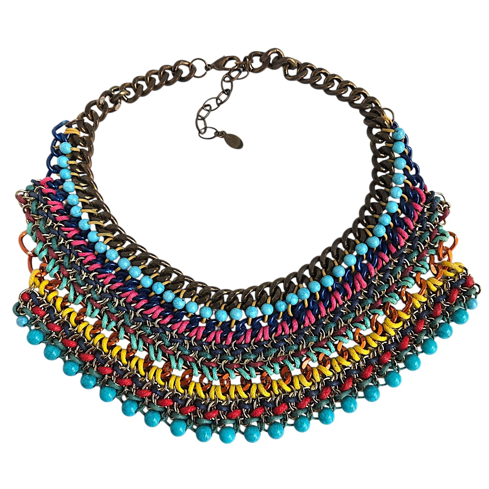 Aldo Multicolor Woven Cord Bib Necklace Mixed Metal Chain Beaded Boho 18″