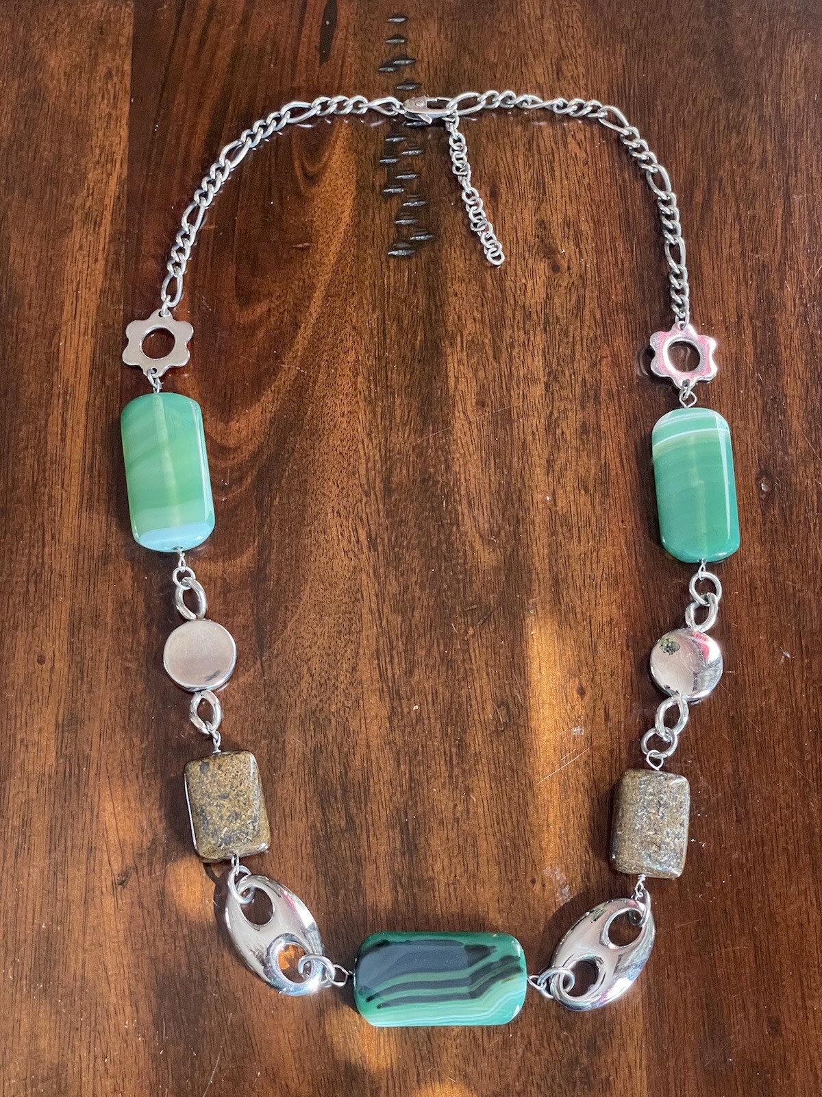 28″ Stainless Steel Green & Brown Stones Figaro Necklace W/ Artist’s Stamp