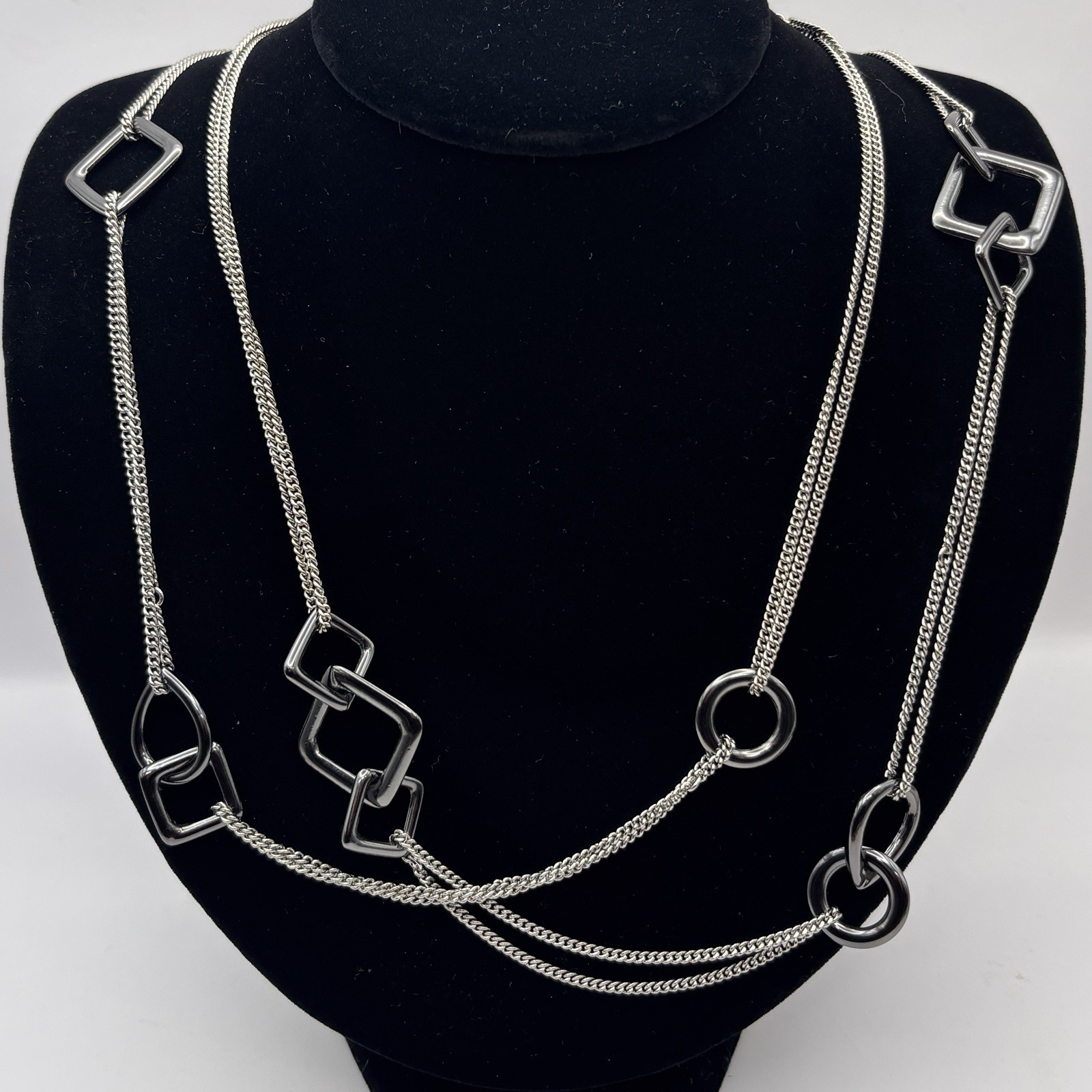 Kiam Family Chain Necklace Geometric 42”-45” Long Gunmetal Squared Circles