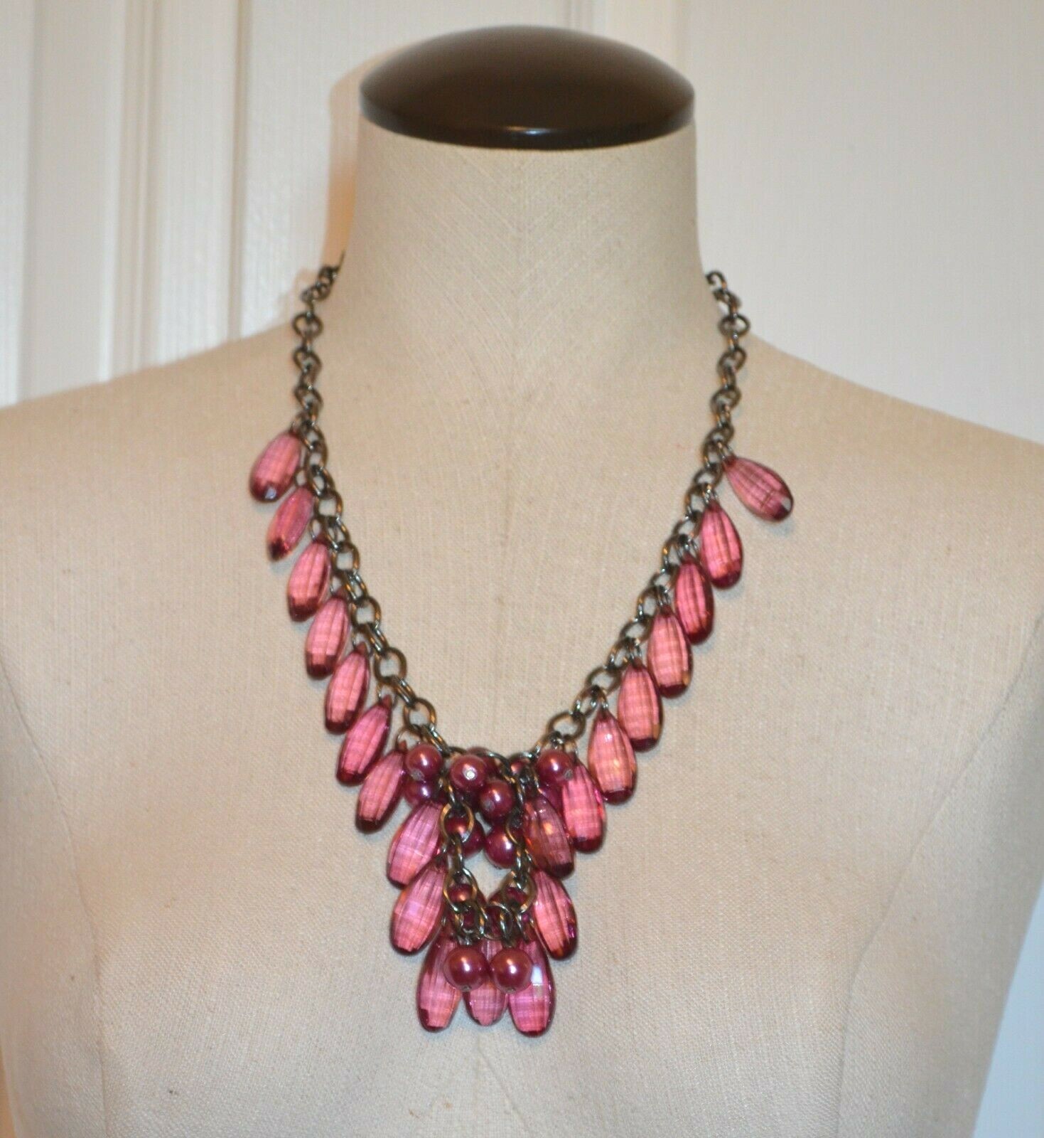 Purple Teardrop Plastic Beaded Necklace 27″