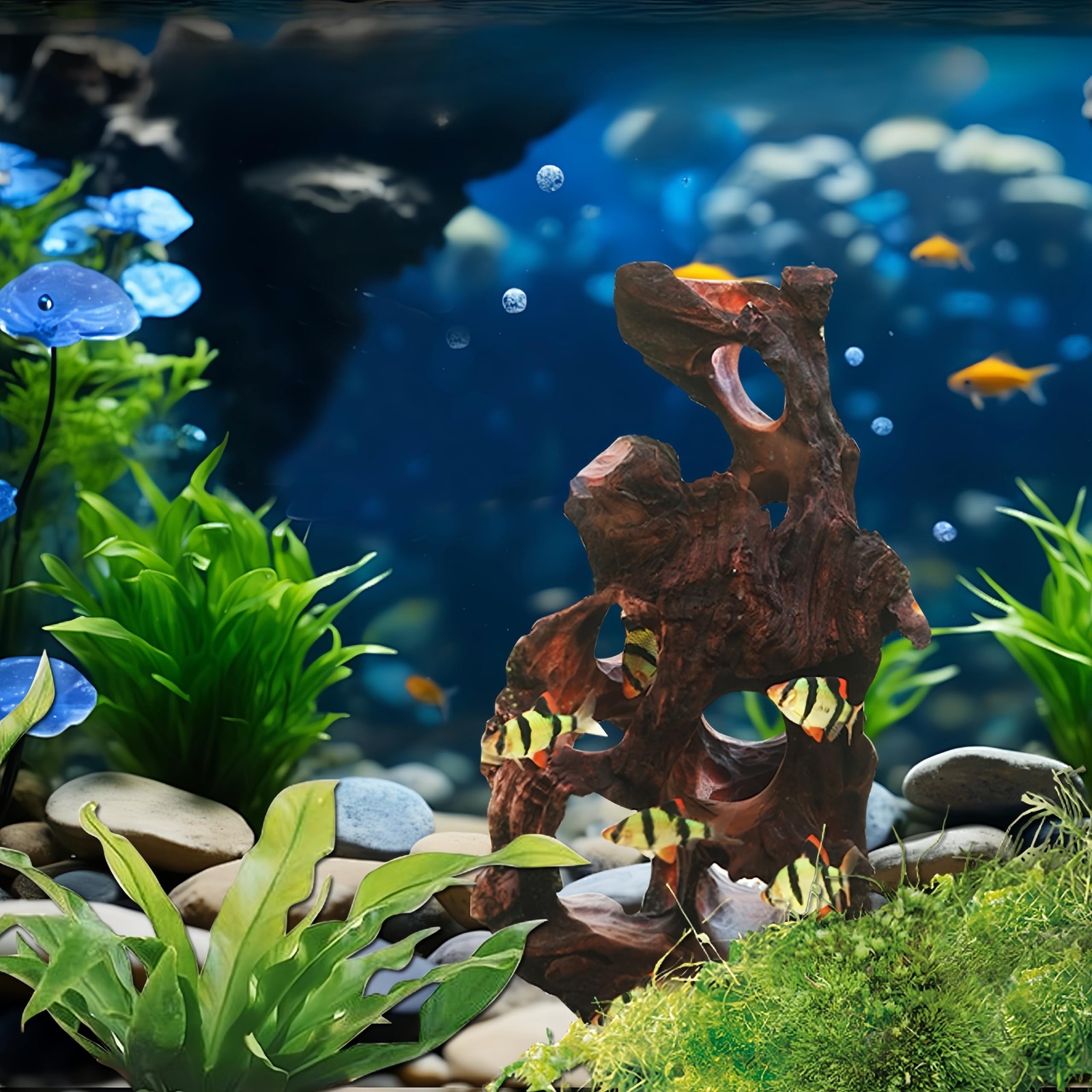 Natural Wood Aquarium Cave Betta Fish Hideout for 7.1-9.8 Inch, multi-hole
