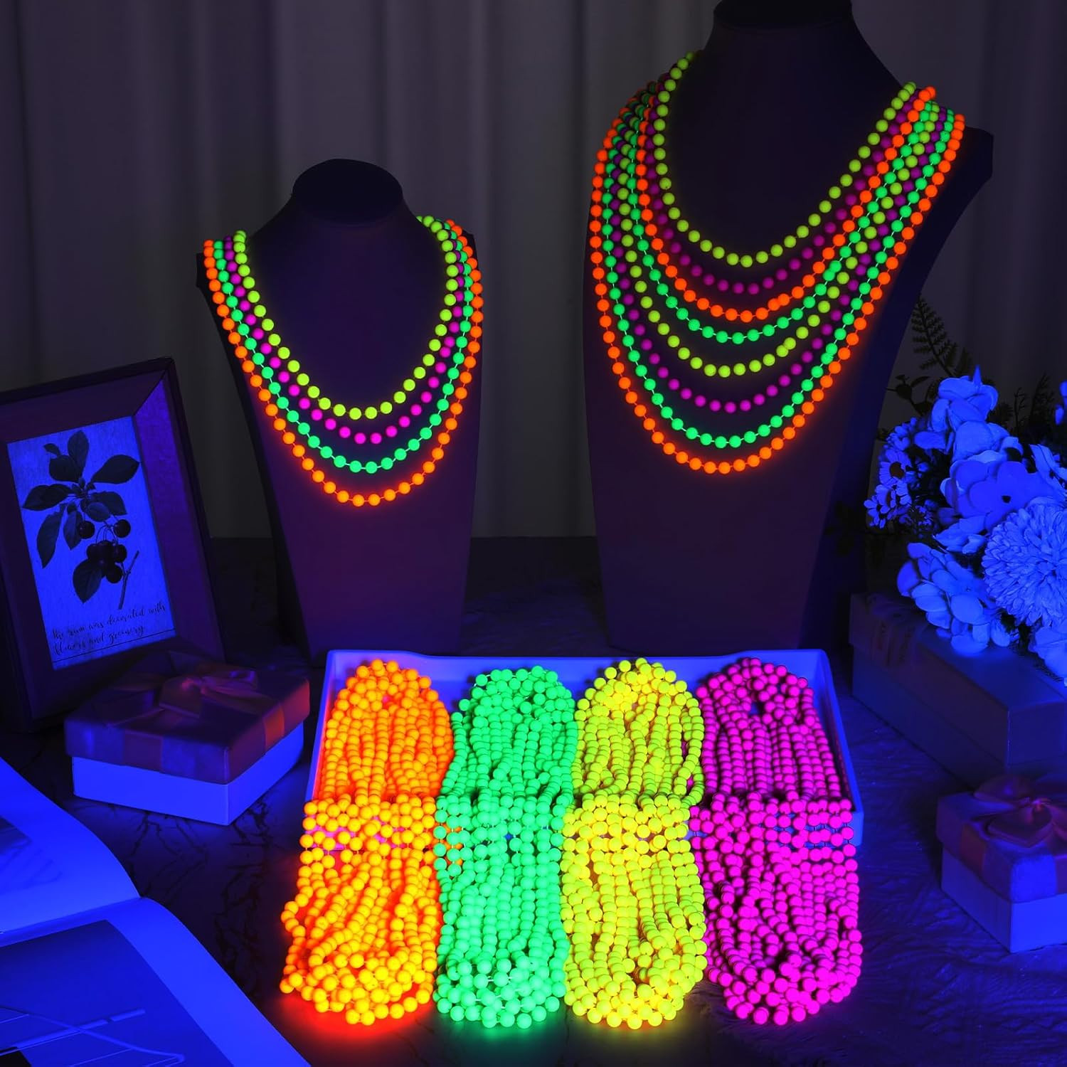 24 Pieces Neon Beads Necklaces 33″ Glow in The Dark UV Neon Bead Necklaces Glow