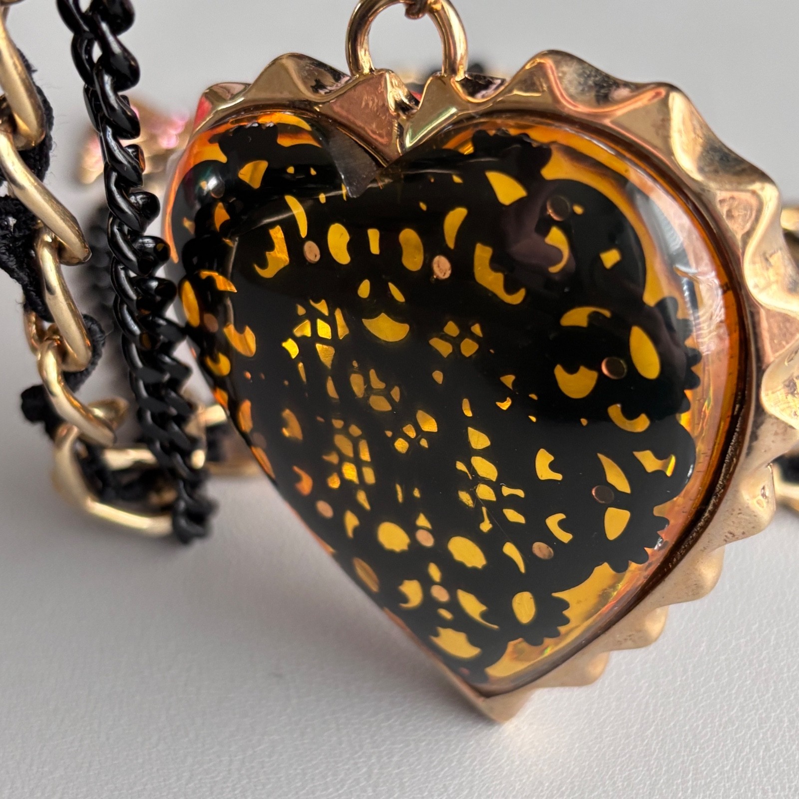 Betsey Johnson Large Lucite Heart Necklace Gold Tone Chain Black Ribbon