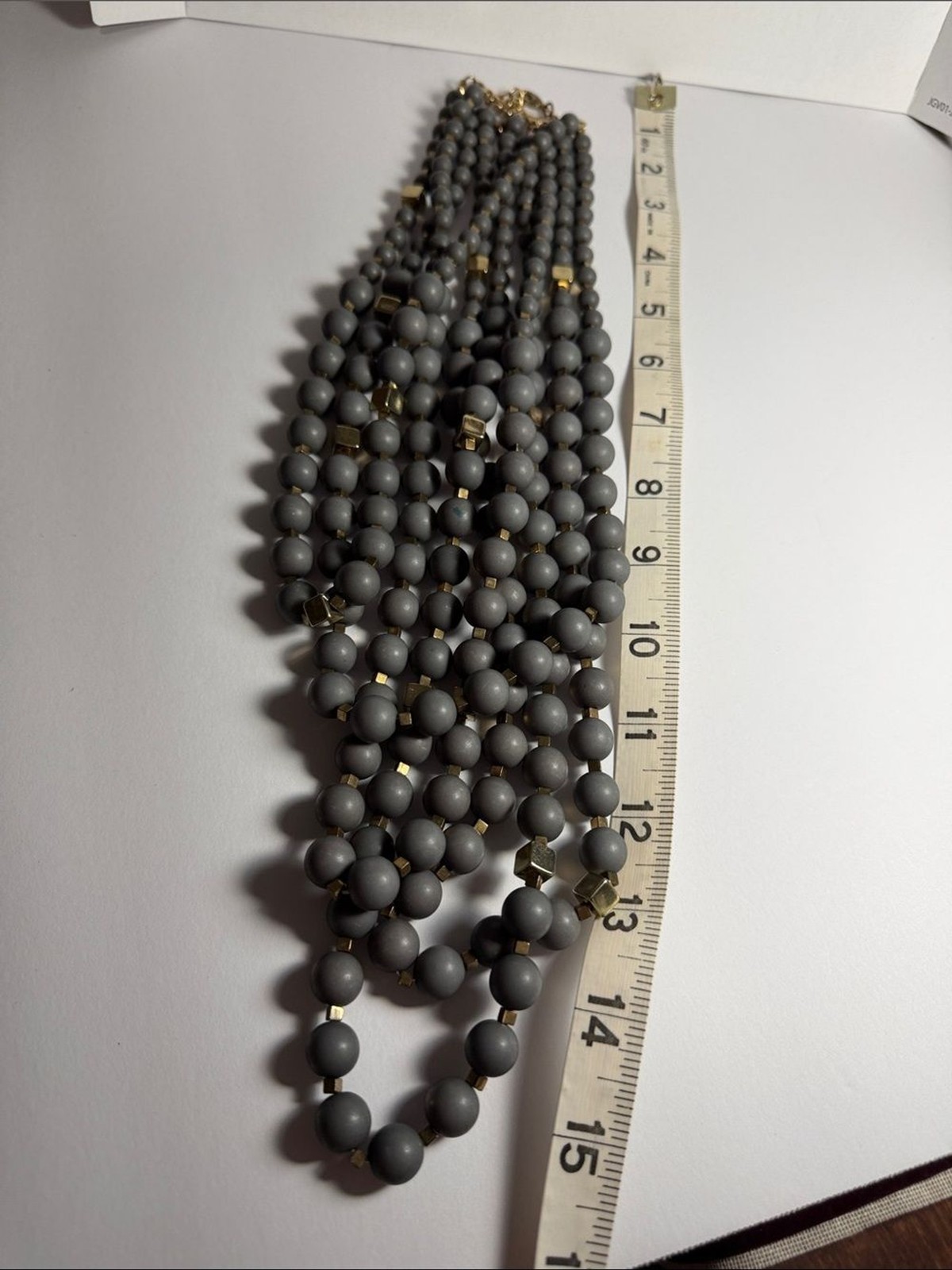 Boho Chunky Layered Gray Bead Statement Necklace W/ Gold Accents