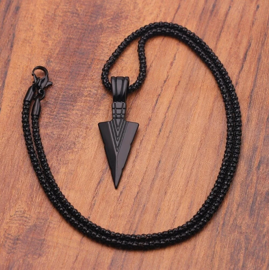 Black Arrowhead Mens Arrow Pendant Necklace 24″ Chain – Native American Style