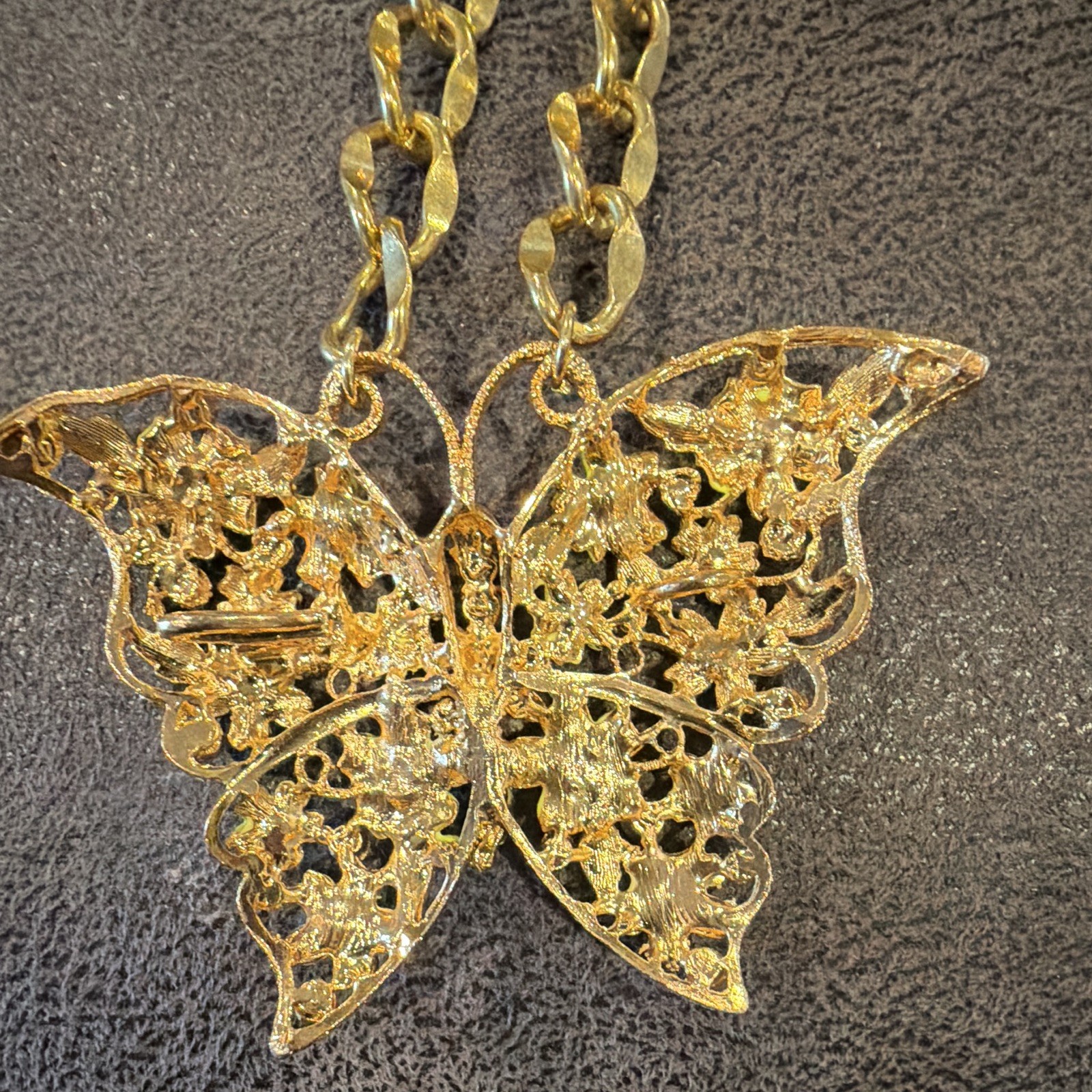 Gold Tone Figaro Chain Necklace w/ Large Butterfly Charm, Green Round Crystal