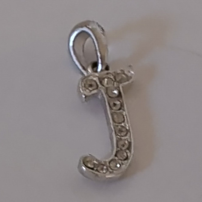 Silver Tone Letter J Alphabet Charm Pendant w/ Clear Crystal Rhinestones