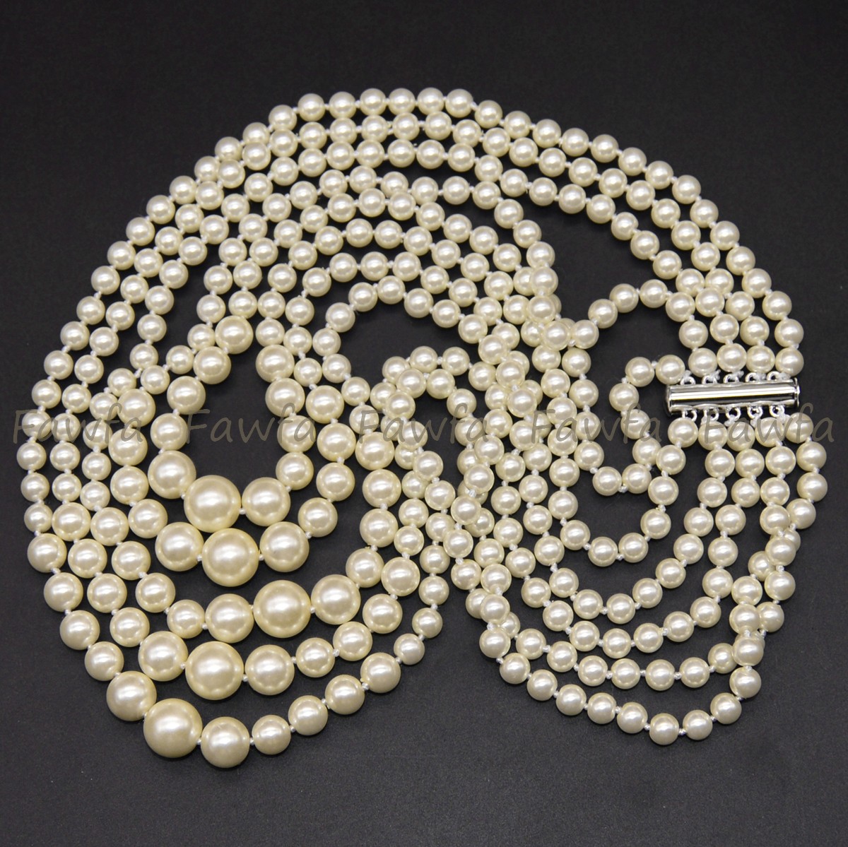 5 Rows 6-12mm Round Creamy White Shell Pearl Imitation Pearl Necklace 18-22”