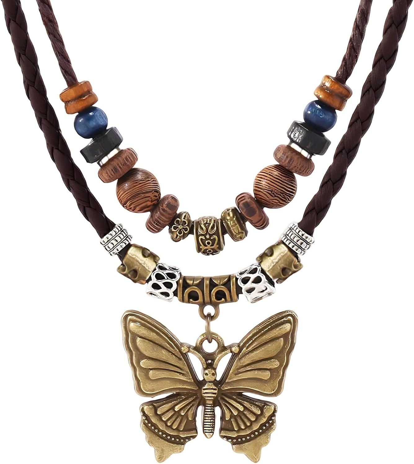 Bohemian Butterfly Pendant Necklace: Adjustable Wooden Beads & Braided Choker