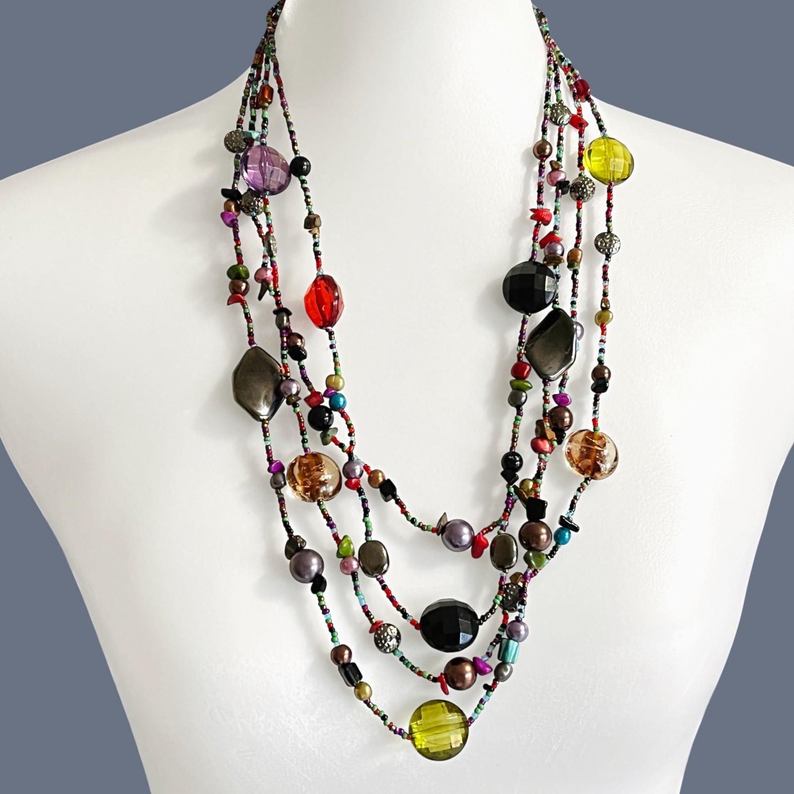 Colorful Necklace Multi Strand Glass Stone Shell Acrylic Bohemian Layered Beaded
