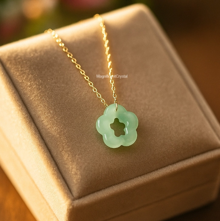 Jade Floral Pendant Light Green Stone Necklace 18K Gold-Plated Women Jewelry