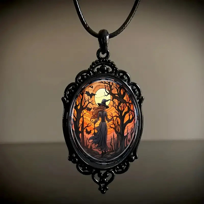 Witch Gothic Pendant Jewelry Vintage Black Magical Magician Necklace A