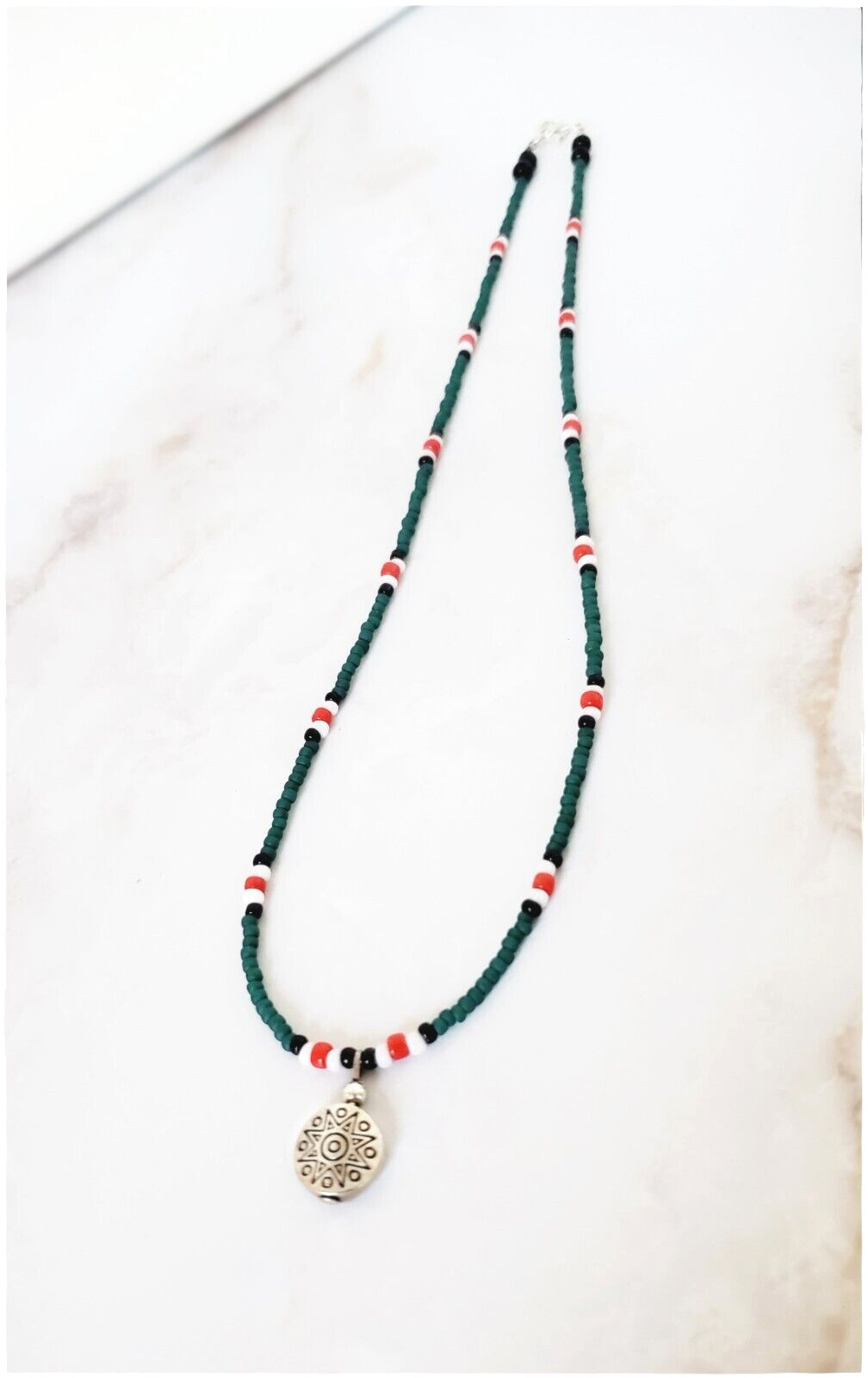 Men Green & Red Tribal Seed Bead Necklace 16 inch Choker