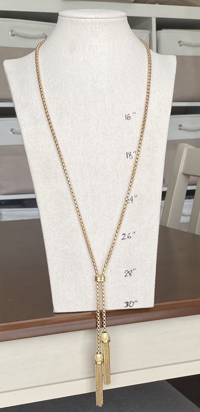 J Crew Gold Tone Lariat Boxed Chain Double Tassel Necklace Flapper style Vintage