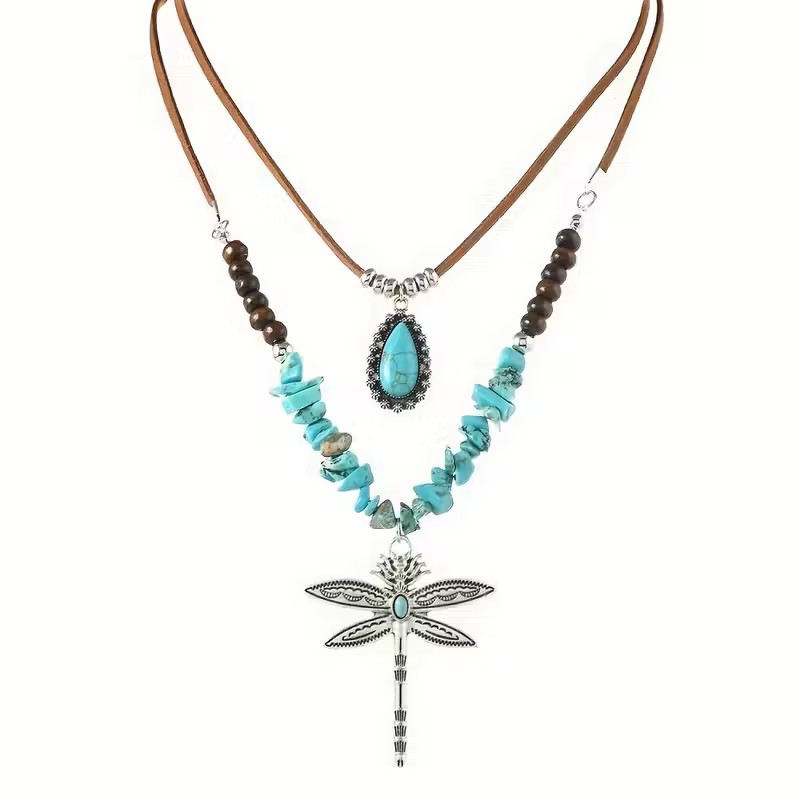 Turquoise Dragonfly Dual Necklace Jewelry American Nature Silvery Pendant