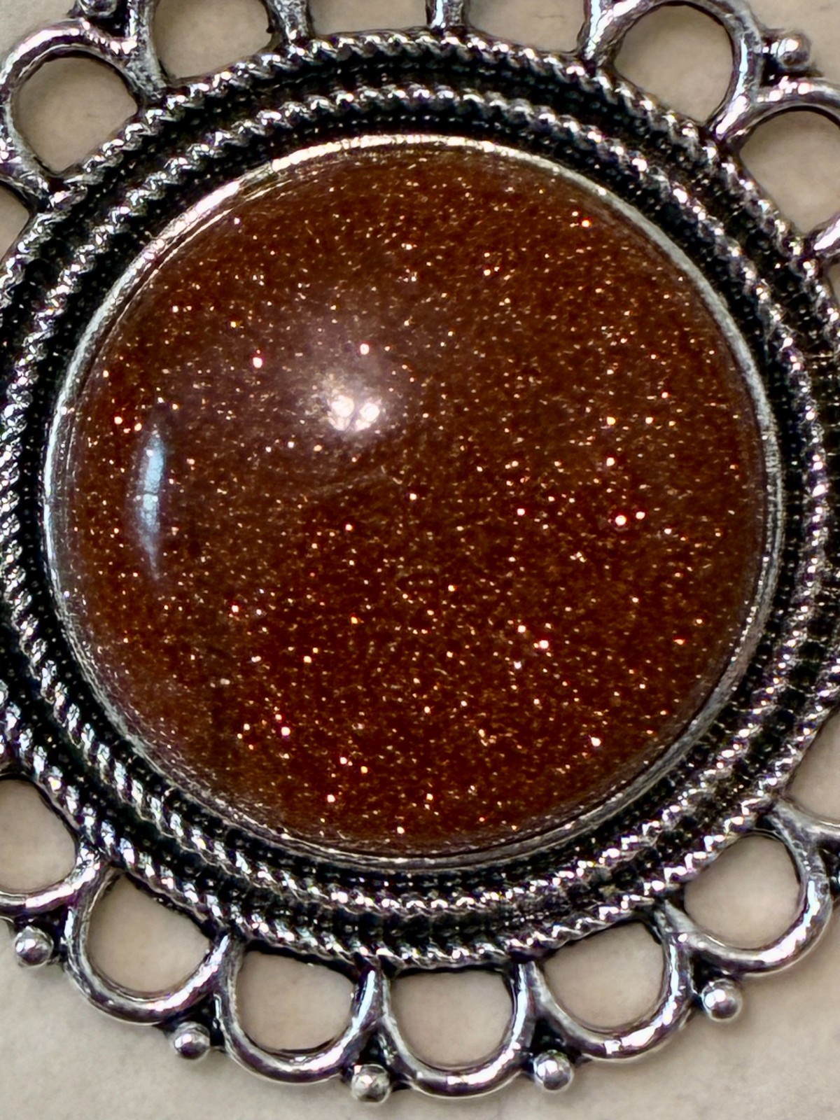Vintage Style Goldstone Cabochon Pendant Silver Tone Ornate Round Setting Brown