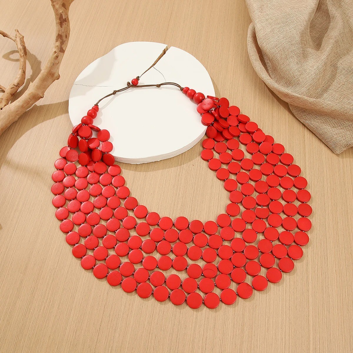 Handmade Geometric Wooden Bead Multilayer Necklace Vacation Party Jewelry