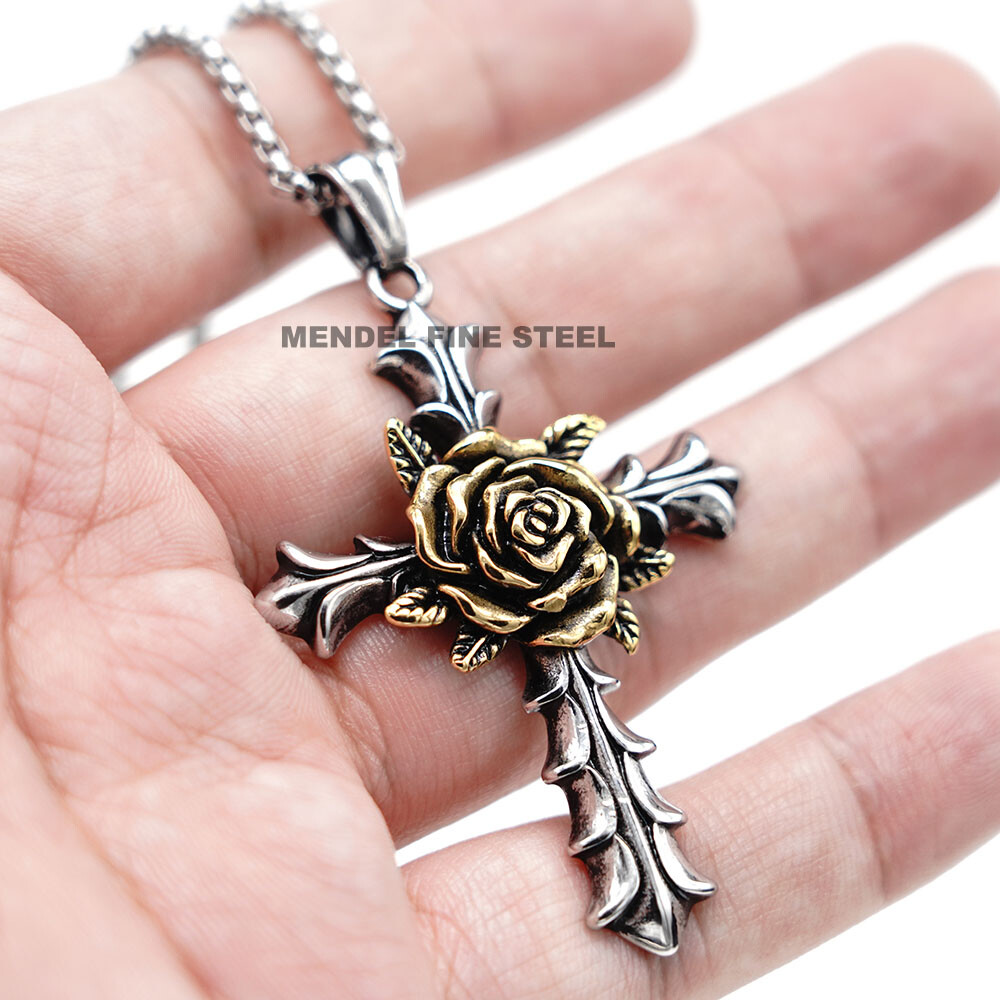 MENDEL Gothic Mens Womens Christian Rosicrucian Rose Cross Pedant Necklace Chain