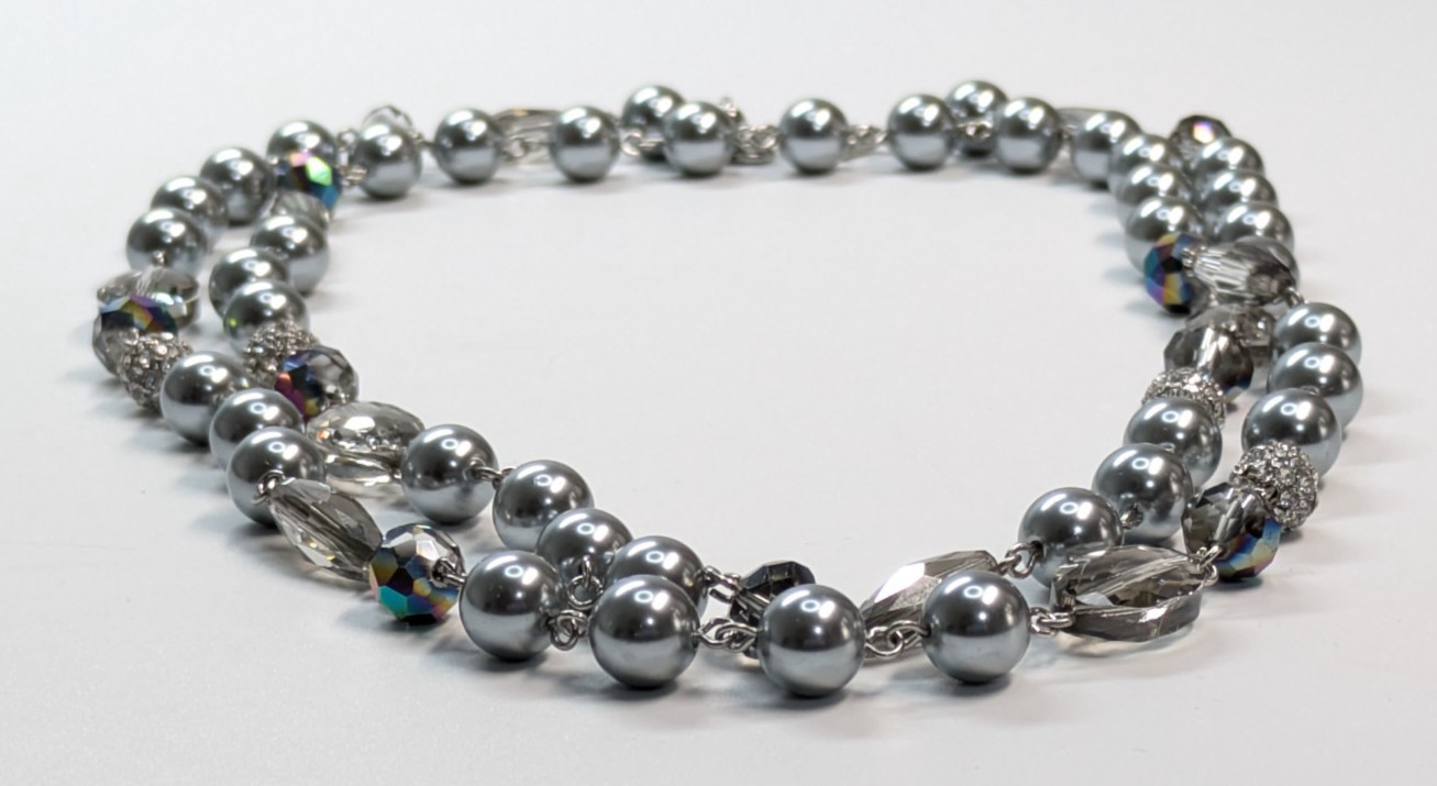 Charter Club Gray/Blue Faux Pearl Crystal Rhinestone Beaded Silver 46″ Necklace