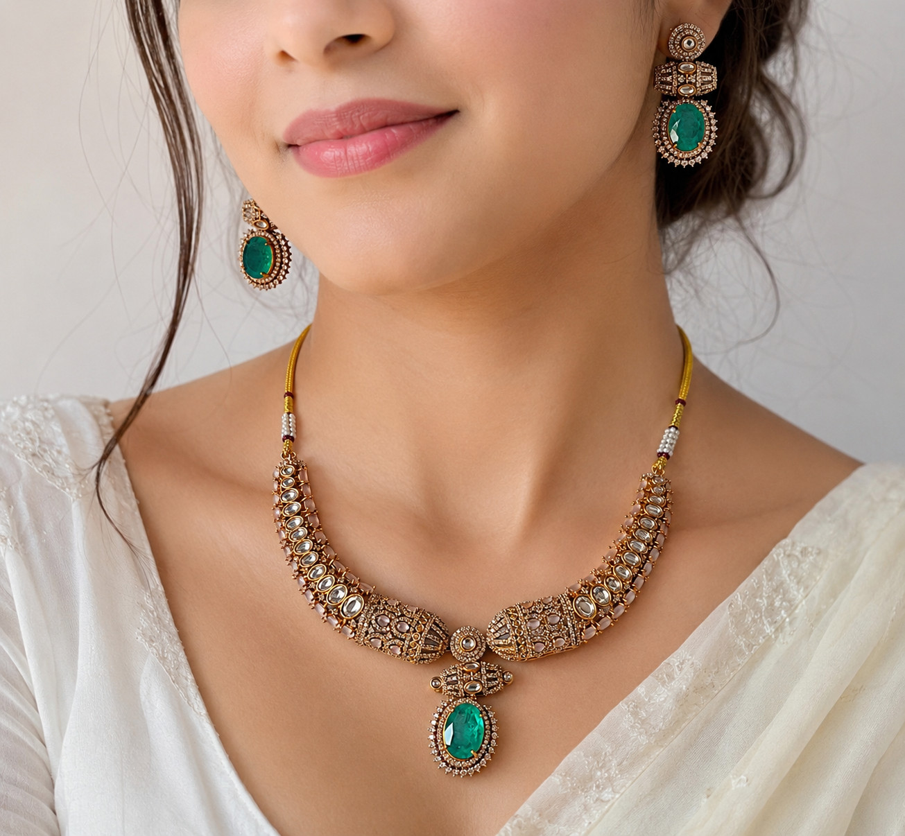 Indian Kundan Necklace Set Green Pendant Earrings Gold Plated Bridal Jewelry 101