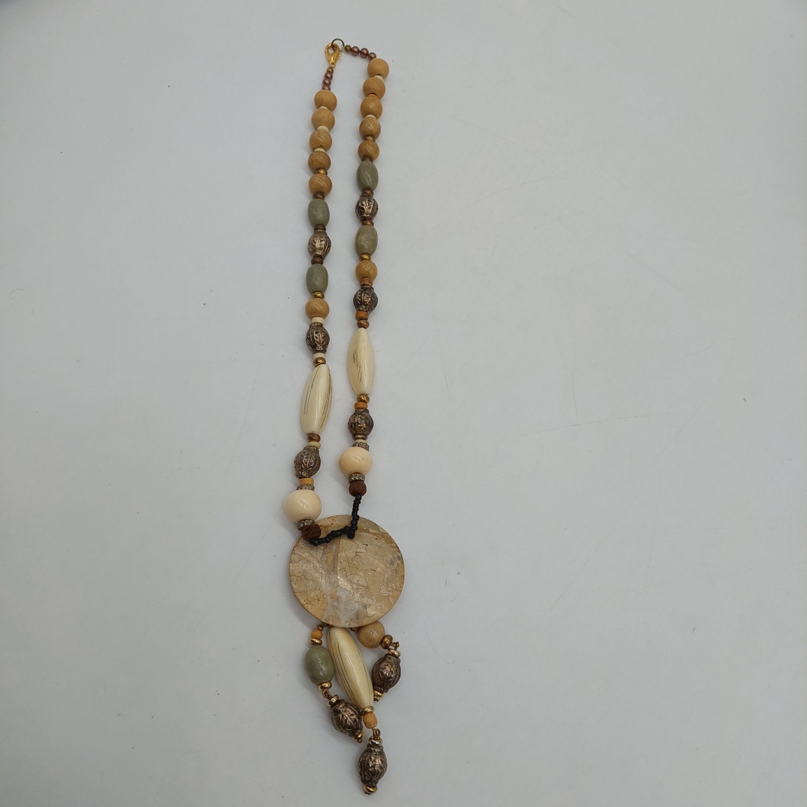 Necklace Beaded Round Pendant Brown Green Beige Metal Plastic Stones