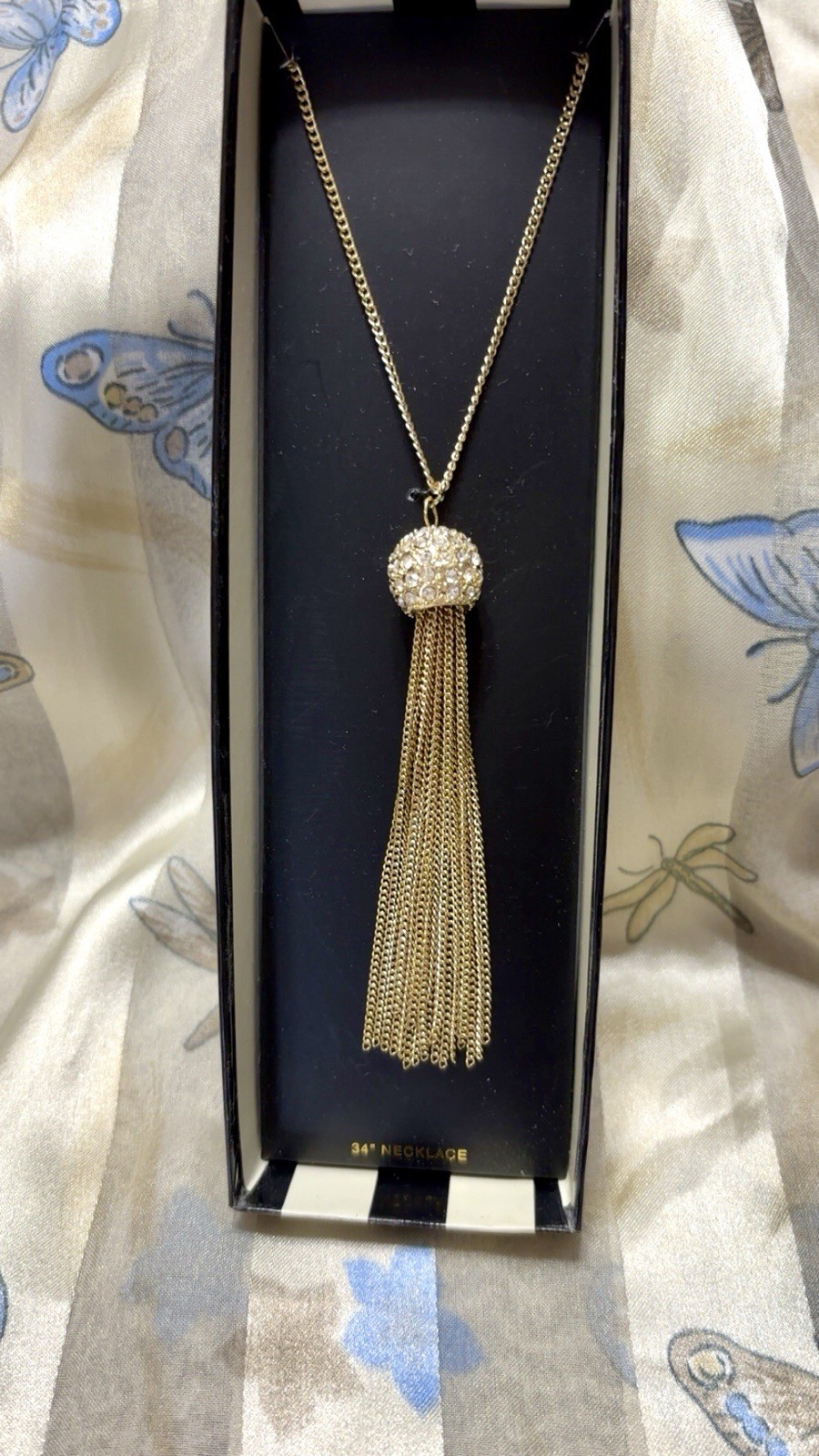 Gold Tone Crystal Tassel Statement Necklace 34″ Oval Link Pavé Fashion Jewelry