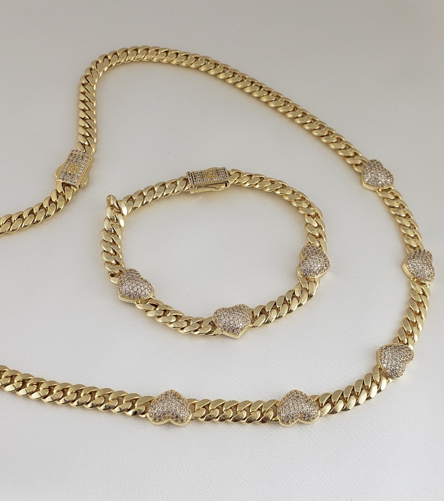14K Gold Plated Cz Heart Cuban Choker Chain Necklace And Bracelet Set