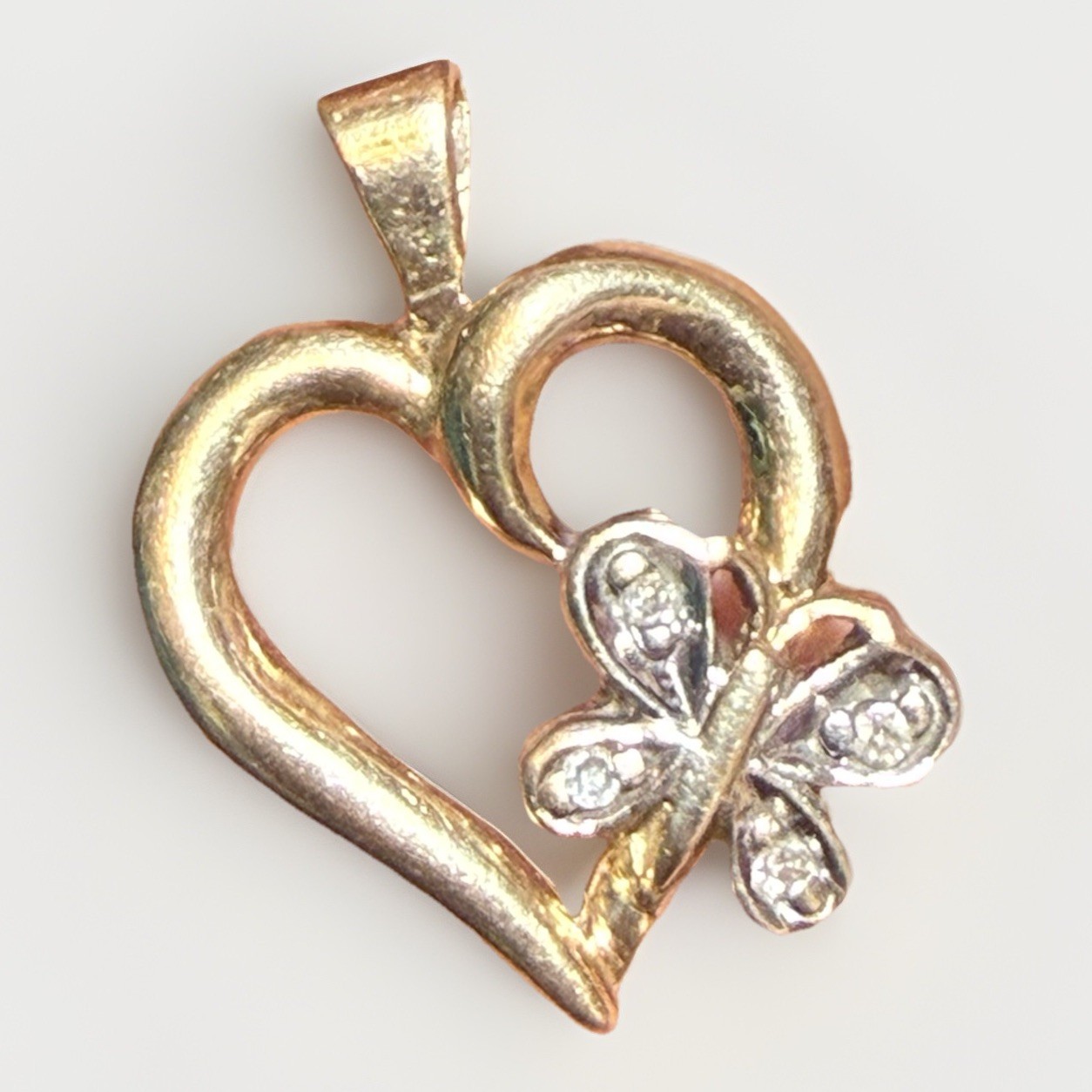10k Yellow Gold Heart Charm Pendant w/ Diamond Butterfly Accent
