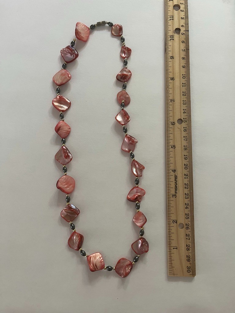 Avalaya Red Shell Necklace Irregular Square-cut Coral Shell wth Metallic Spacers