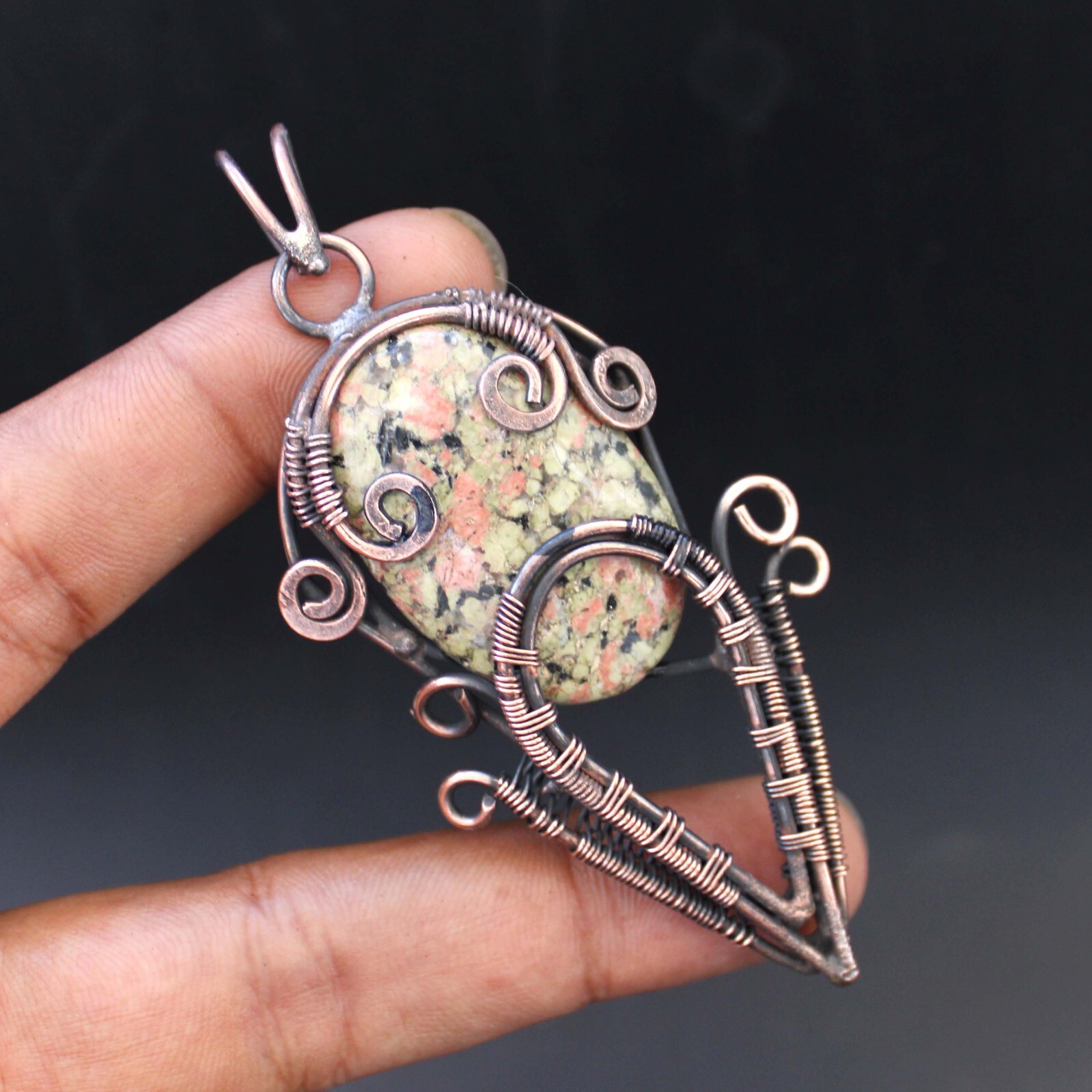 Unakite Gemstone Pendant Copper Wire Wrapped Pendant Jewelry Anniversary Gift
