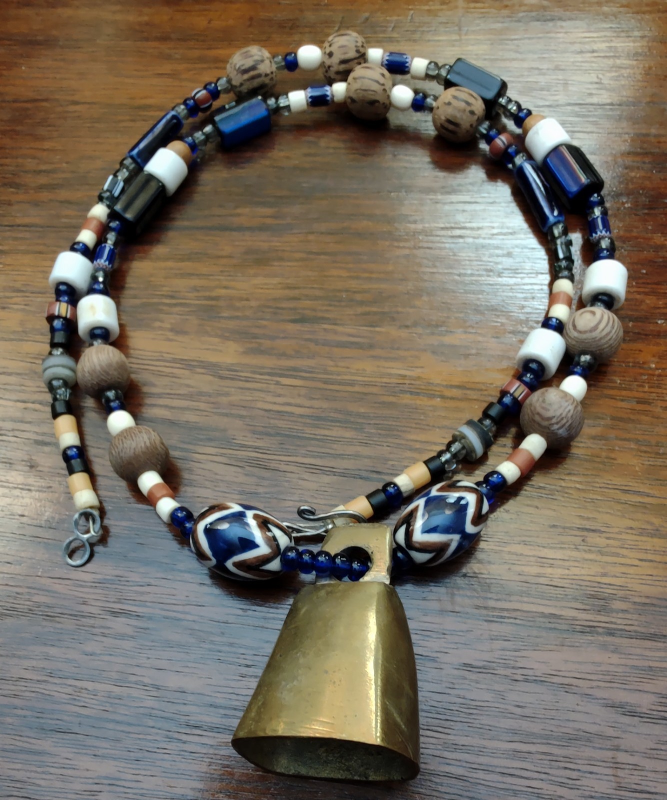 Vintage Homemade Boho Ethnic Beaded Necklace, Glass, Wood, Brass Bell.