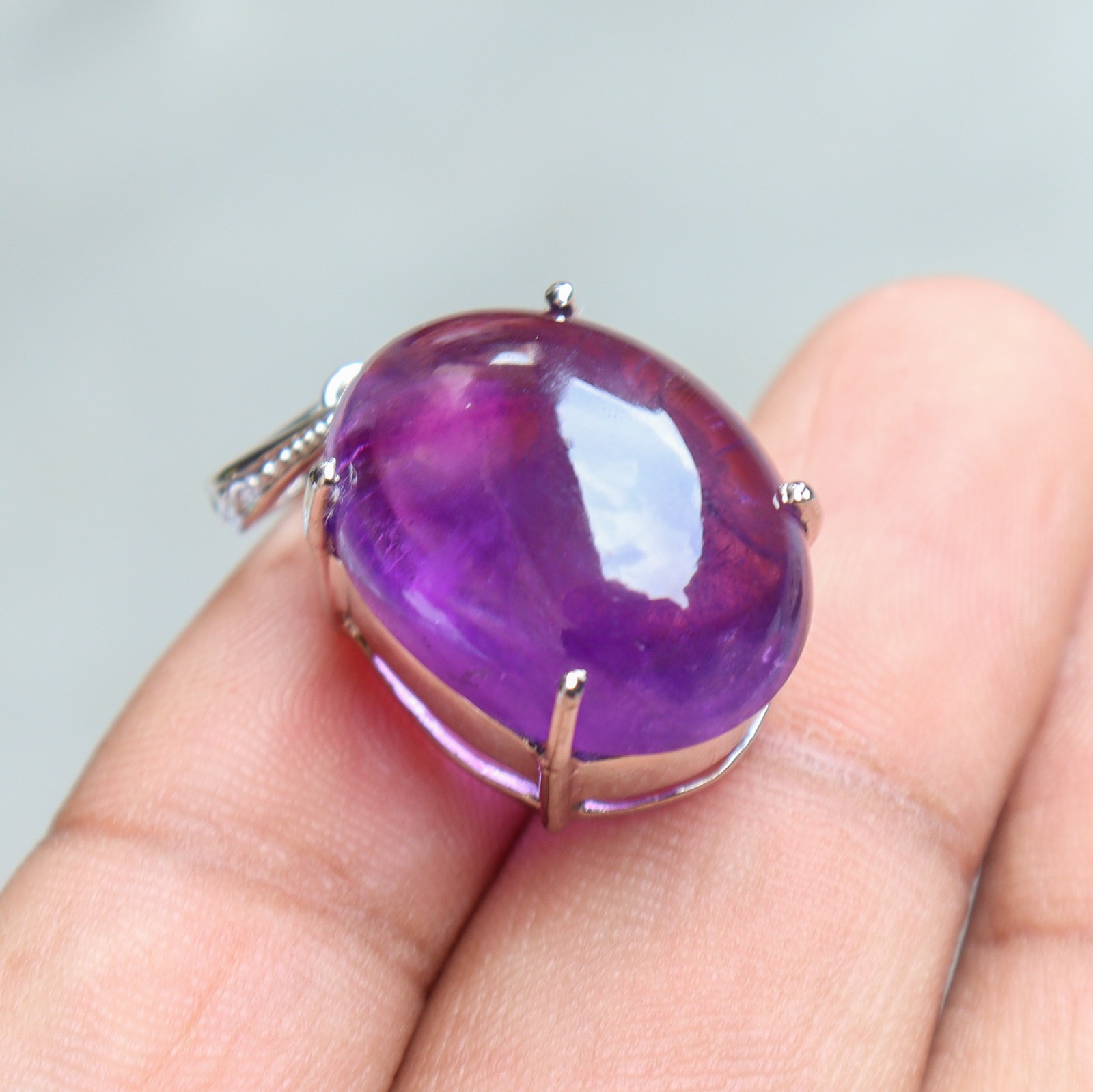 22Ct Purple Amethyst Oval Pendant Solid 925 Sterling Silver Handmade Necklace