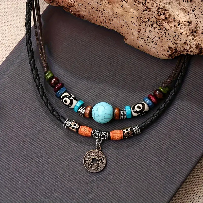 Western Layered Boho Wood Beads Copper Coin Choker Necklace