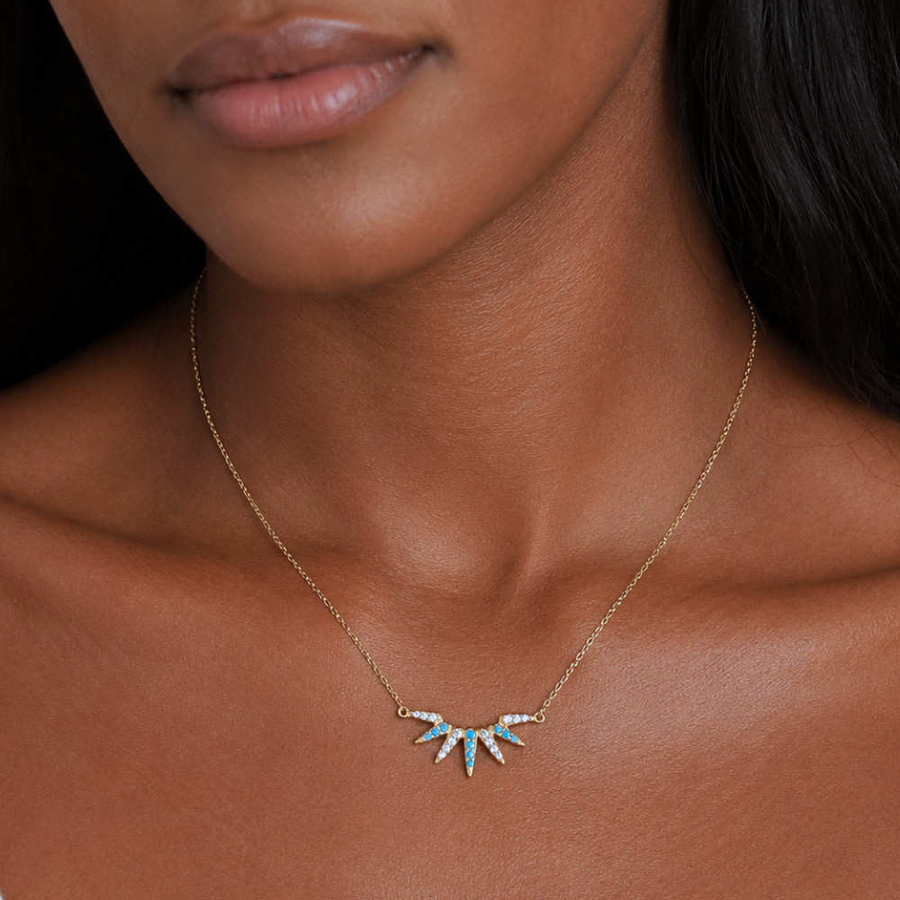16″ + 2″ 14 Karat Gold Plated Synthetic Turquoise and CZ Spike Necklace