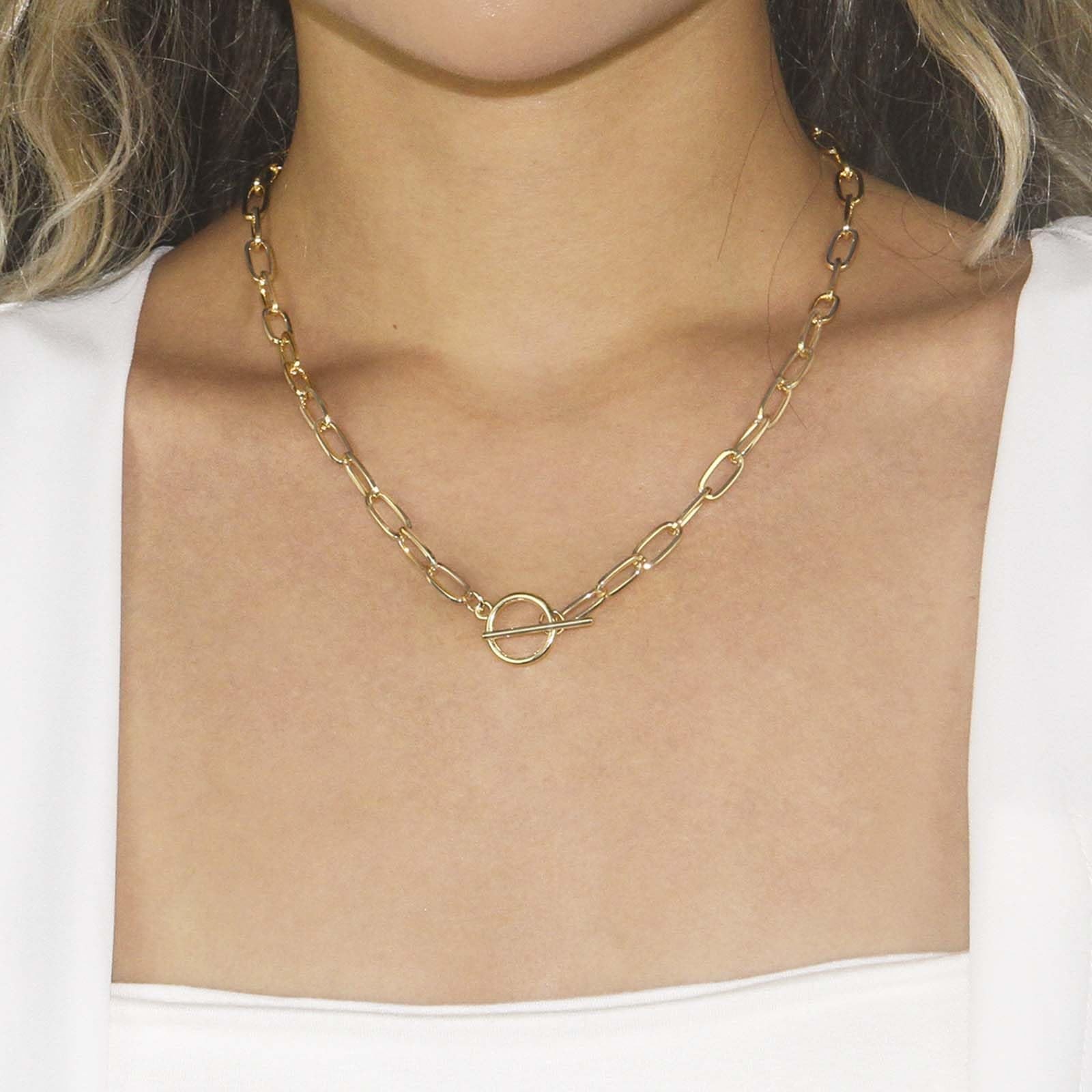 Toggle Necklace 14K Gold Plated Paperclip Chain Choker Stainless Steel Cable Nec