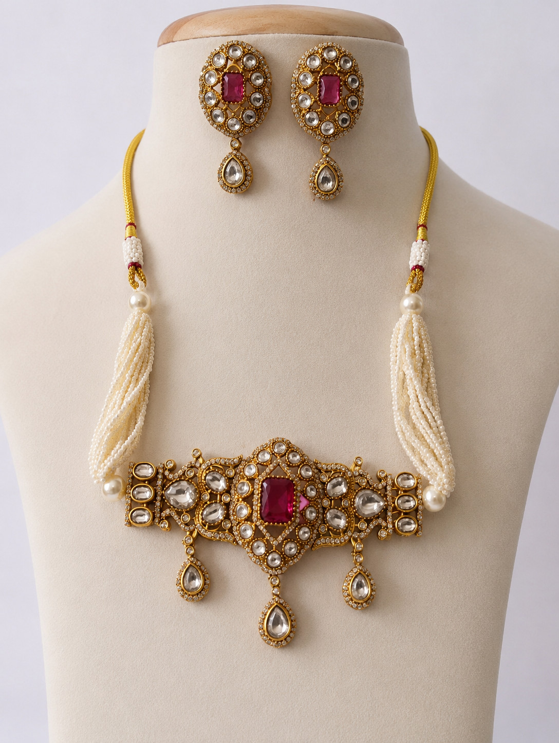 Red Stone Kundan Necklace Set Pearl Wedding Jewelry Gift for Women 137