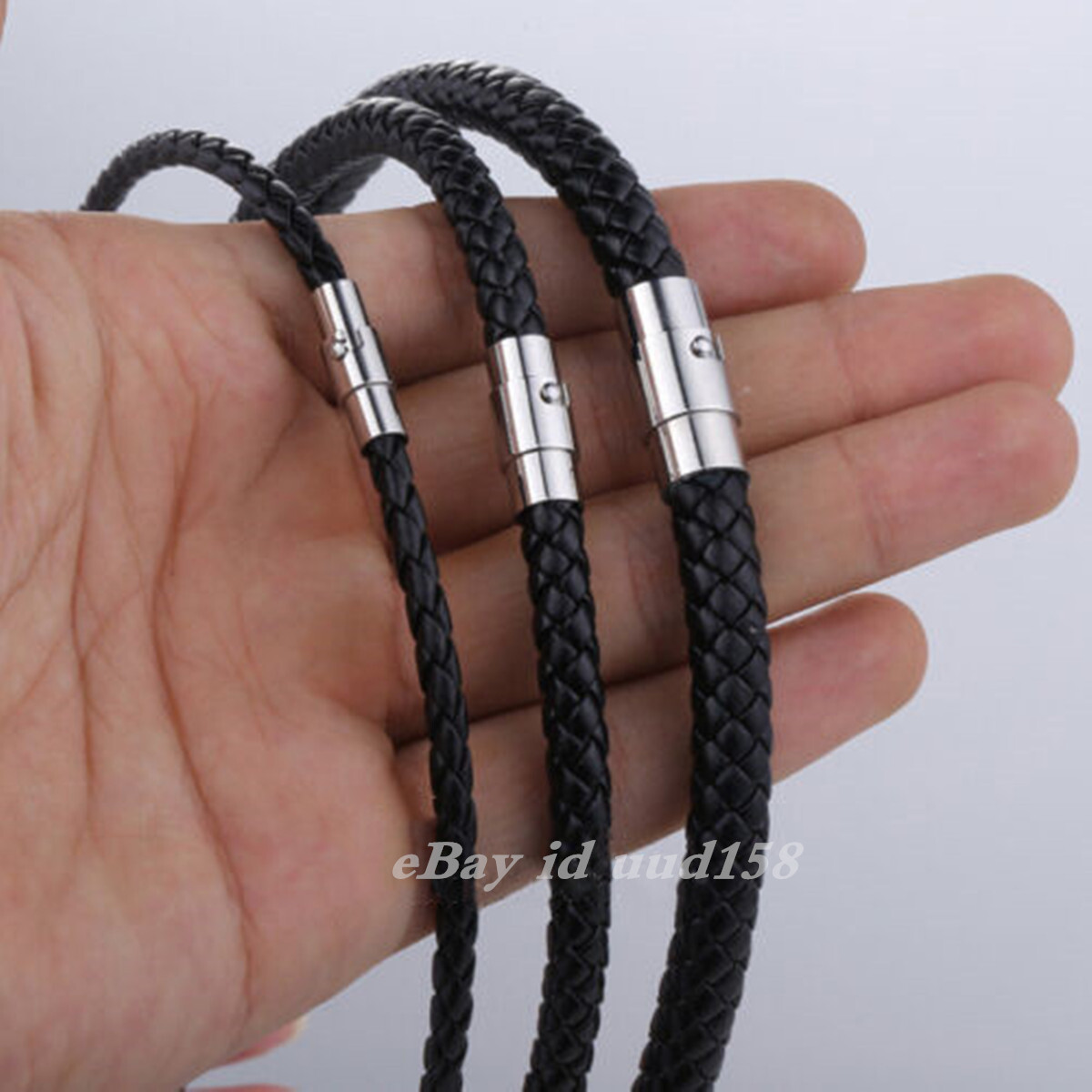 4/6MM Mens Black Braided Cord Rope Leather Necklace Choker w/ Magnetic Clasp