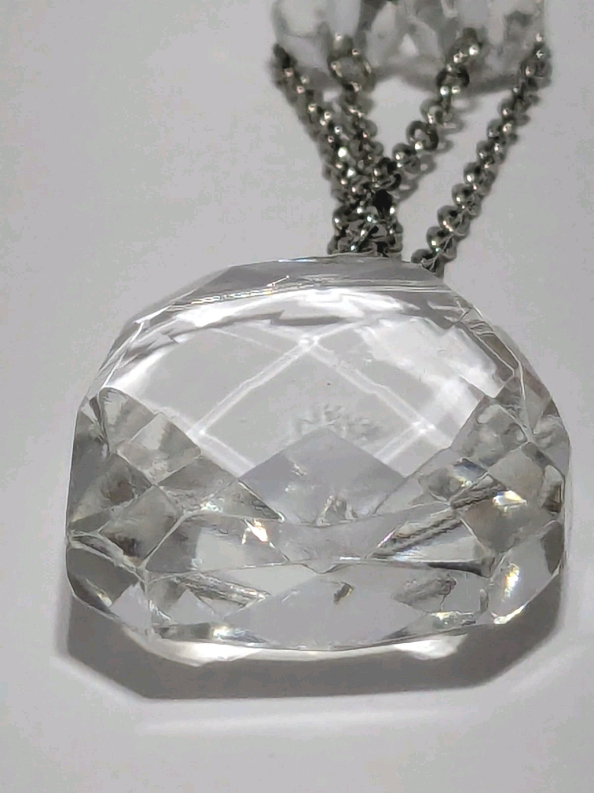 Silver Tone Chain Necklace With Clear Glass Beads & Faceted Rectangular Pendant